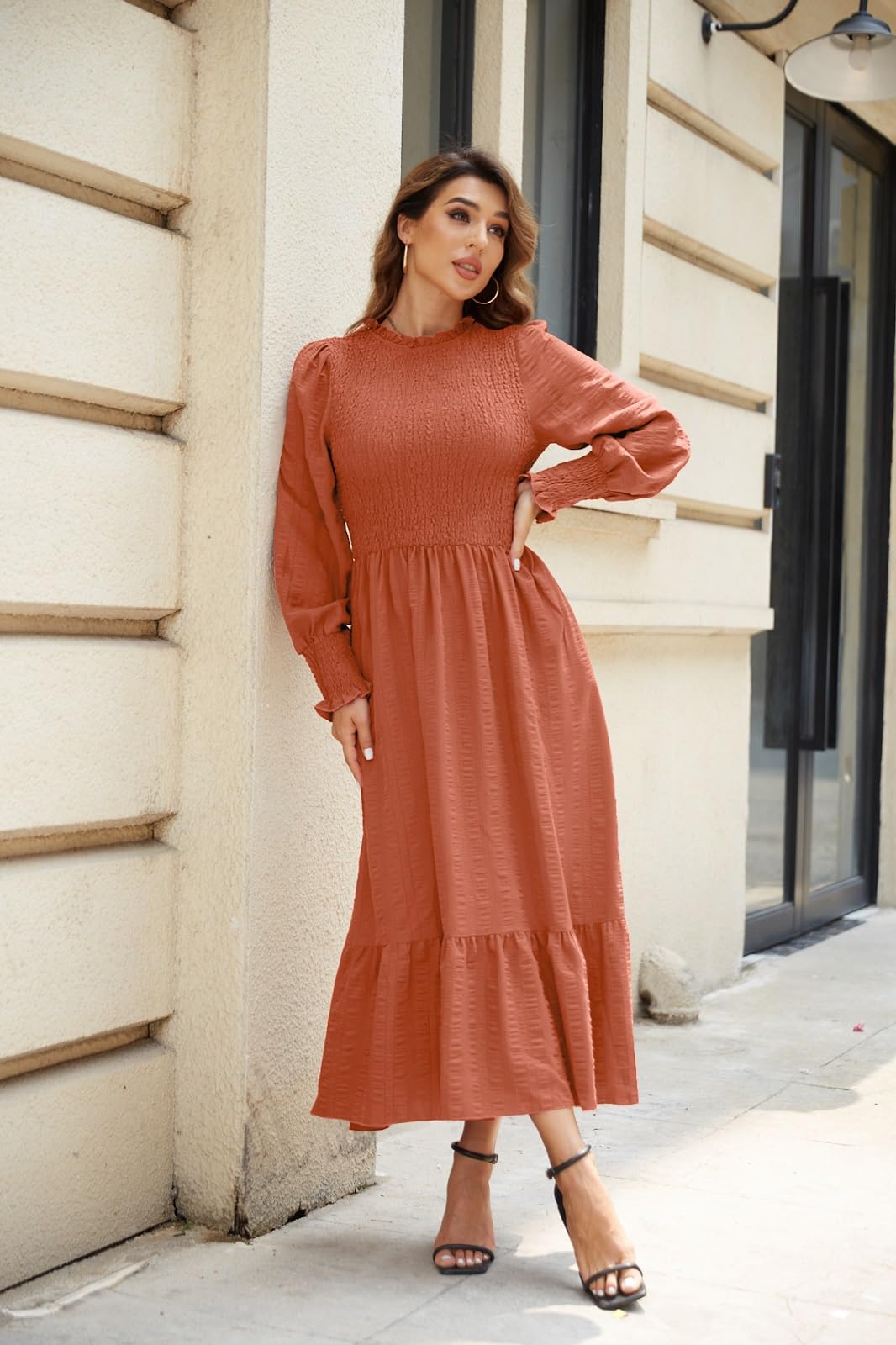 Women's 2025 Spring Fall Midi Dress - Casual Long Sleeve Crew Neck Smocked Tiered Flowy Dresses with Pockets | Perfect for Office, Date Night & Weekend Outings