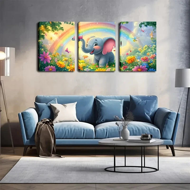 3pcs Baby Elephant and Floral Cartoon Wall Art Set - Framed Canvas Prints 50x70cm - High Quality Australian Made - Perfect for Nursery, Kids Room & Home Decor