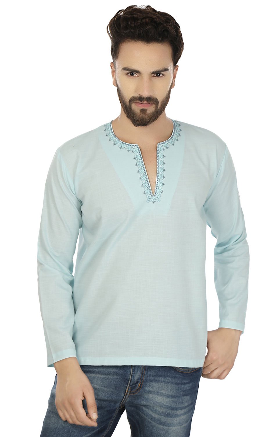 Men's Embroidered Cotton Short Kurta - Traditional Indian Fashion Shirt for Casual Wear & Festive Occasions | Maple Clothing