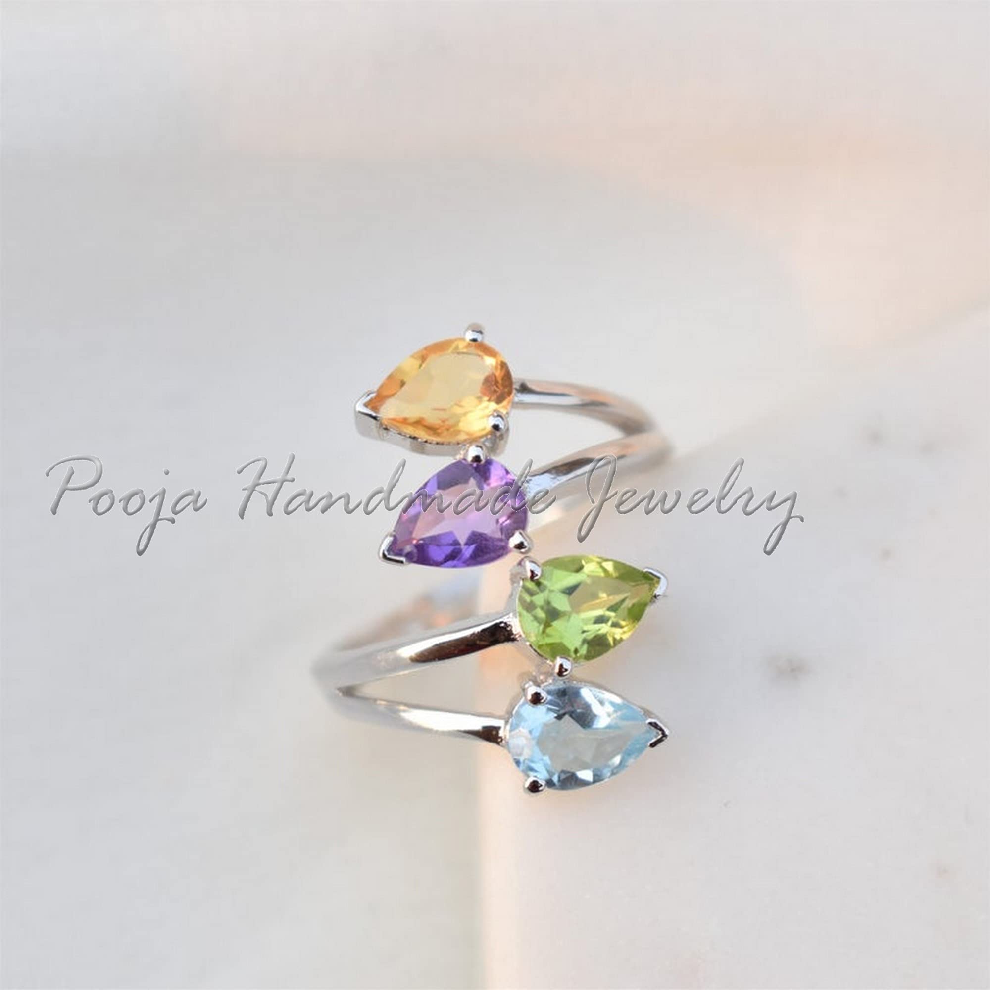 Multi Stone Ring - Blue Topaz Citrine Peridot Amethyst 925 Sterling Silver Handmade Spiral Ring | Engagement Jewelry, Wedding Gift for Her, Dainty Statement Piece | Perfect for Anniversaries, Date Nights & Special Occasions
