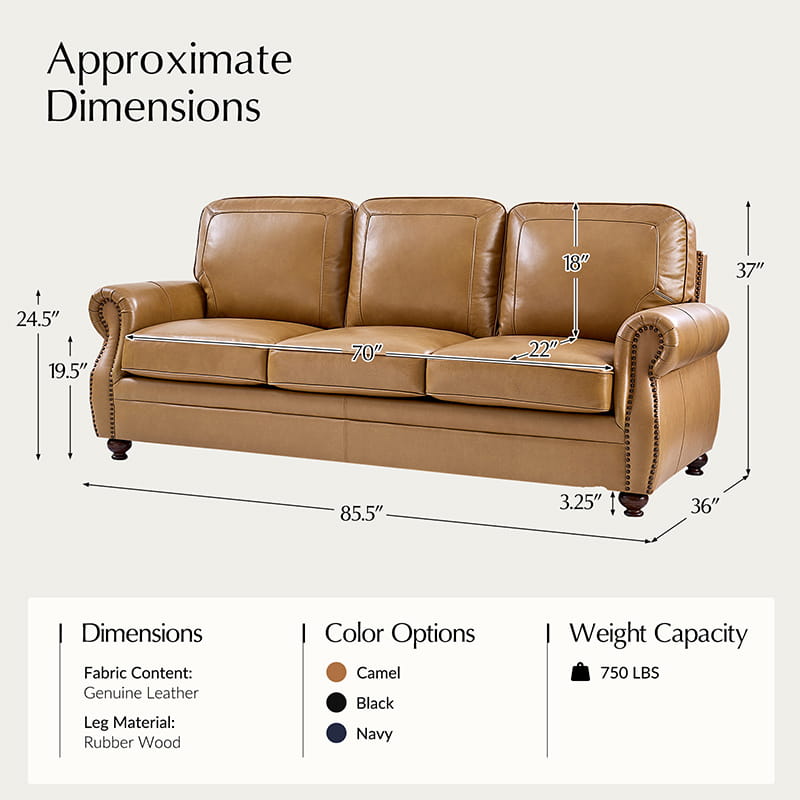 Premium Iliana Genuine Leather Sofa with Elegant Rolled Arms - Luxurious Living Room Furniture for Home & Office Decor