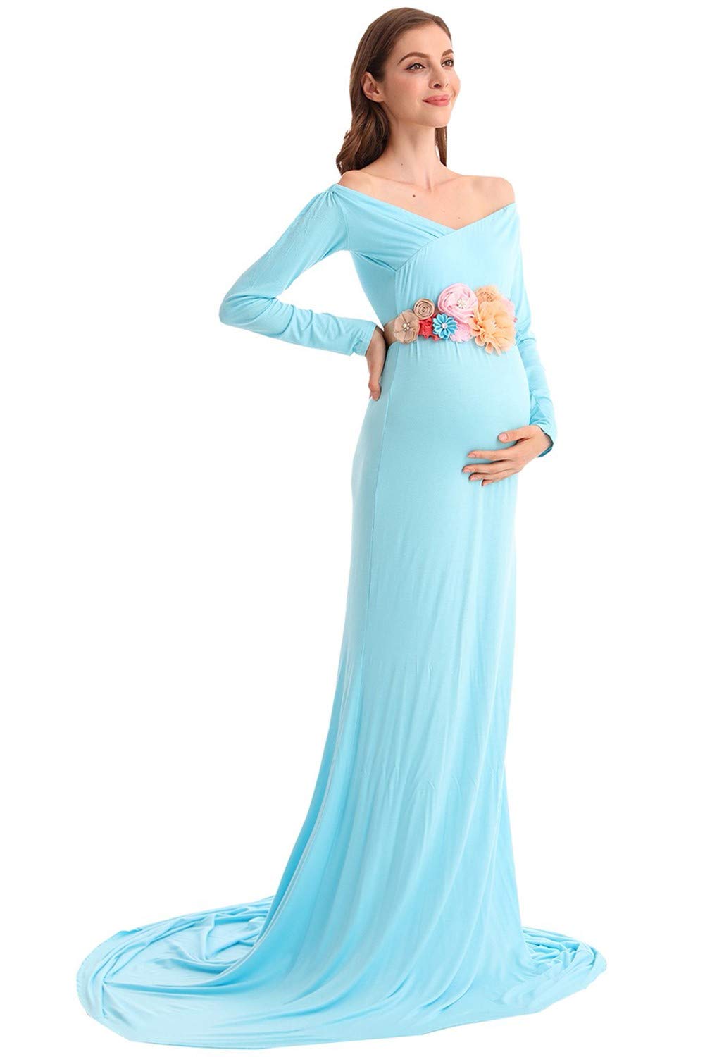 Elegant Women's Maternity Dress - Long Sleeve Off Shoulder Cross-Front V-Neck Slim Fit Maxi Photography Gown with Train for Maternity Photos, Baby Showers & Special Occasions
