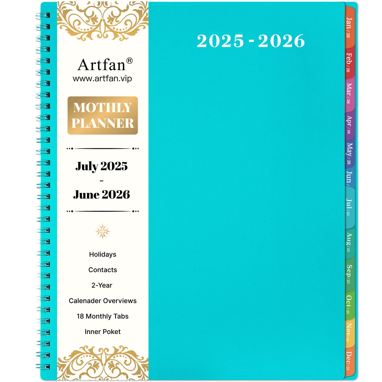2025-2026 Monthly Planner with Twin-Wire Binding | July 2025 - December 2026 Academic Calendar | Includes Pockets, Contacts & Password Sections | Colorful Tabs & Waterproof Cover | 9