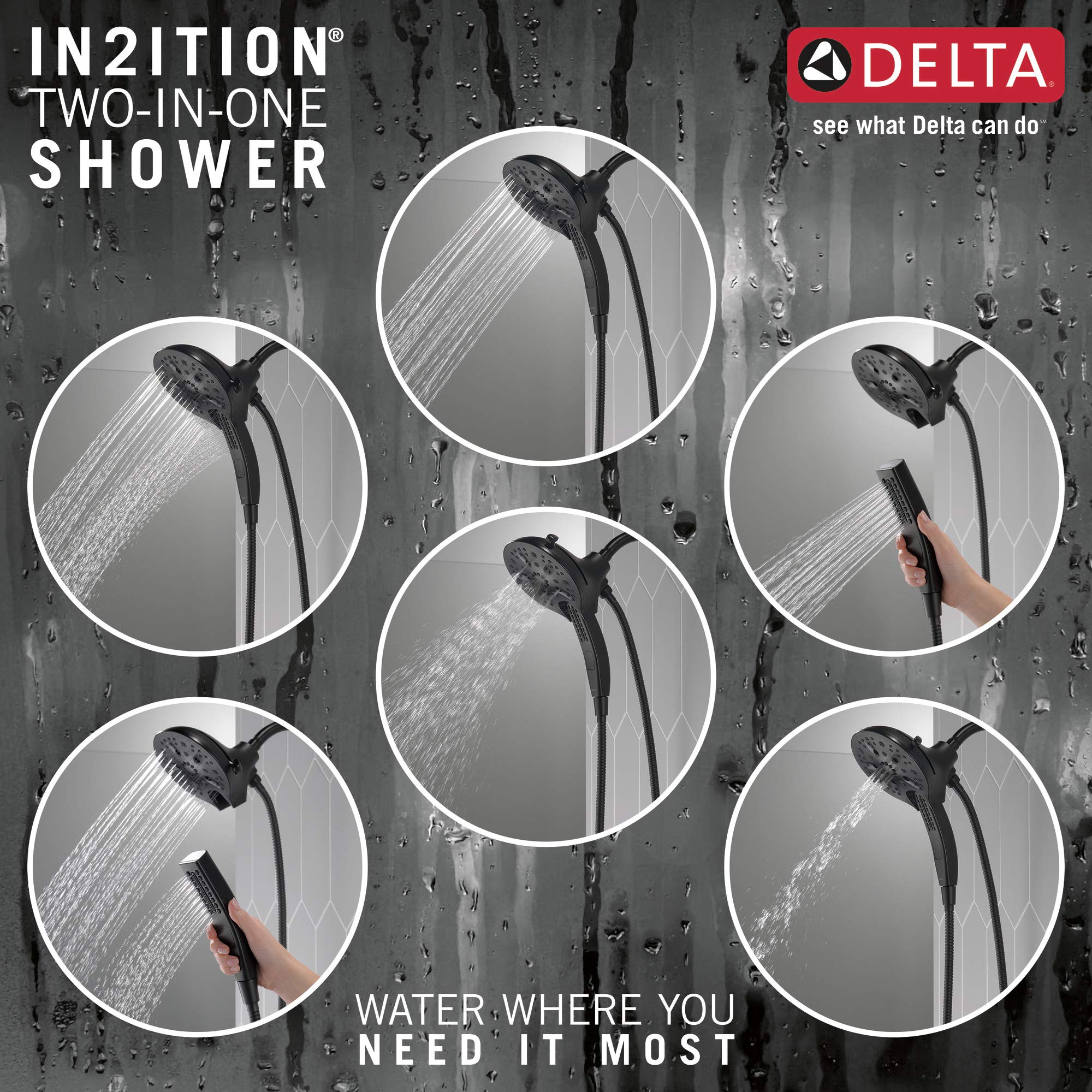 Delta 58620-BL25-PK 2-in-1 Dual Shower Head with 5 Spray Settings - Black Bathroom Fixture for Luxurious Rainfall and Handheld Shower Experience - Lifetime Limited Warranty - Perfect for Master Bathrooms, Spa-Like Showers and Water Conservation