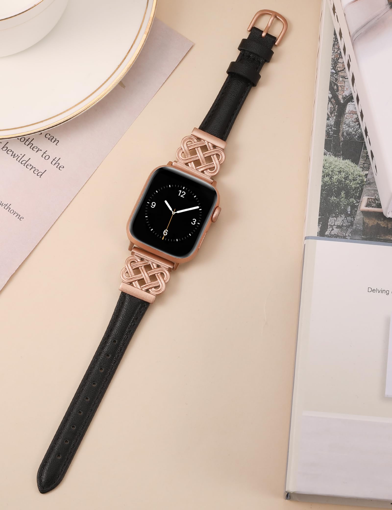 Premium Genuine Leather Apple Watch Band - Compatible with 38/40/41/42mm iWatch Series 10/9/8/7/6/5/4/3/2/1 & SE - Slim Dressy Bracelet with Secure Interlock Buckle - Black & Rose Pink Options - Perfect for Work, Formal Events & Everyday Wear