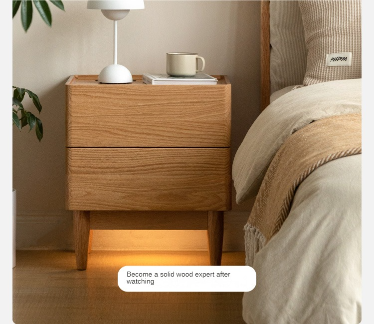 Oak Solid Wood Smart Nightstand with Wireless Charger, USB Ports & Built-in Lamp - Perfect for Bedroom, Living Room & Office