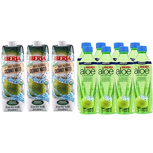 Organic Coconut Water 1 Liter (Pack of 3) & Aloe Vera Drink with Pulp 16.9oz (Pack of 8) - Hydrating Beverages for Workouts, Travel & Healthy Lifestyle