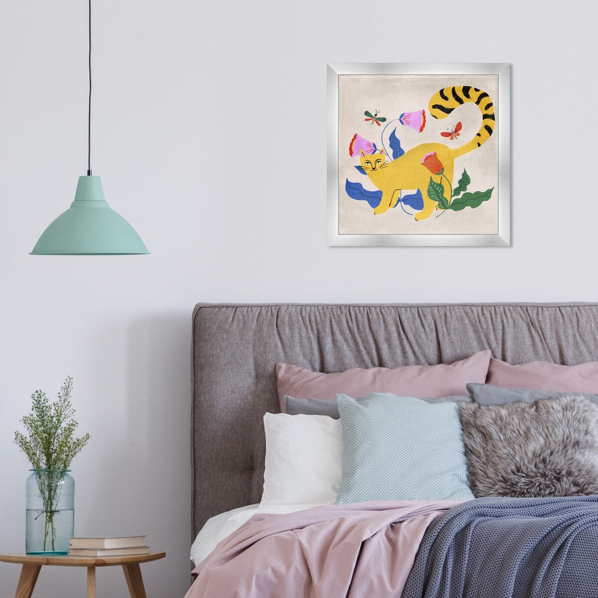 Blonde Tabby Floral Kitten Butterfly Garden Modern Yellow Framed Wall Art Print - Perfect for Bedroom, Nursery & Home Decor