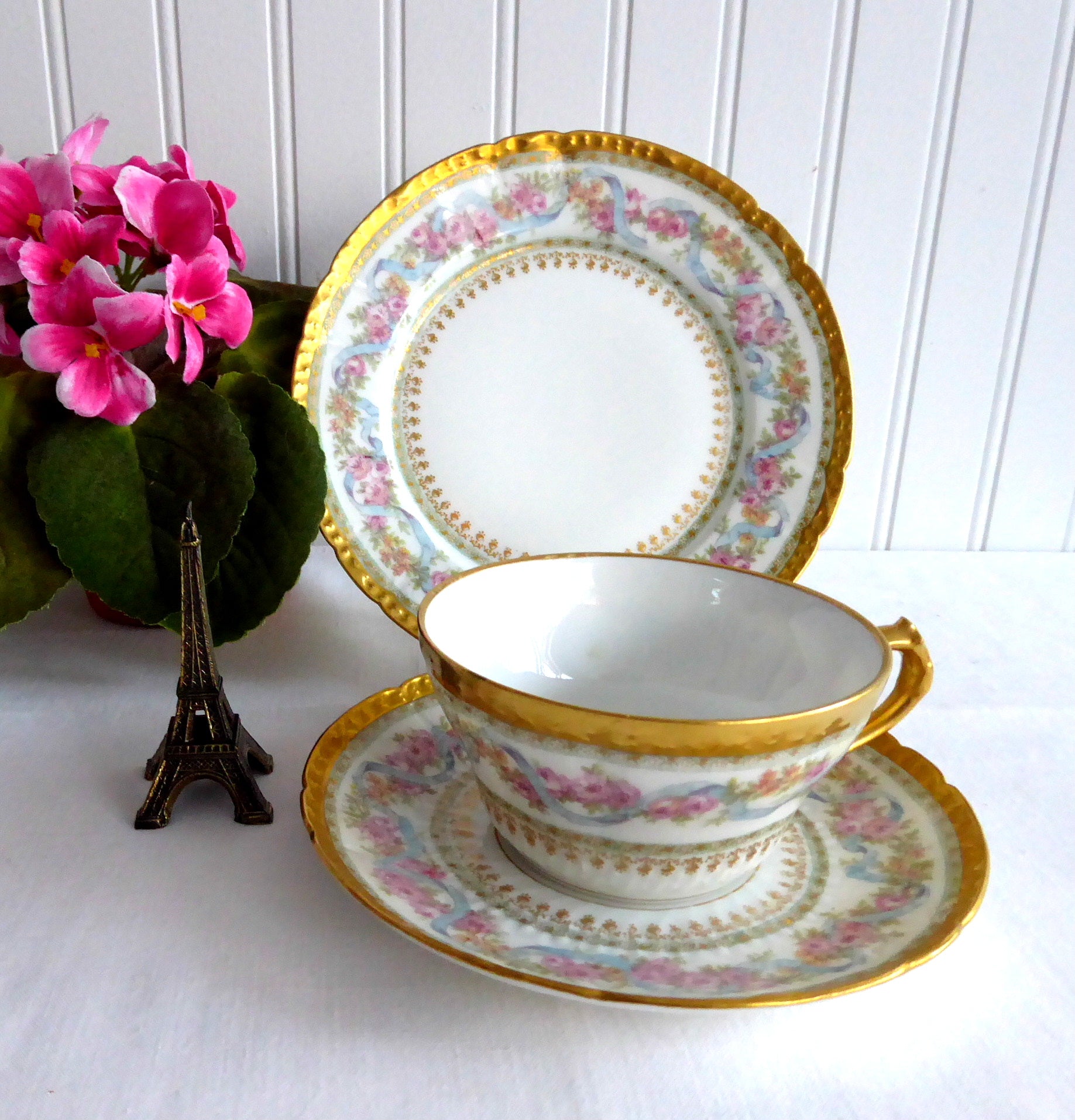 Vintage Haviland Limoges Teacup Trio Set - Antique 1900 Pink & Blue Floral Design with Gold Roses & Ribbons - Perfect for Afternoon Tea, Bridal Showers & Collectors