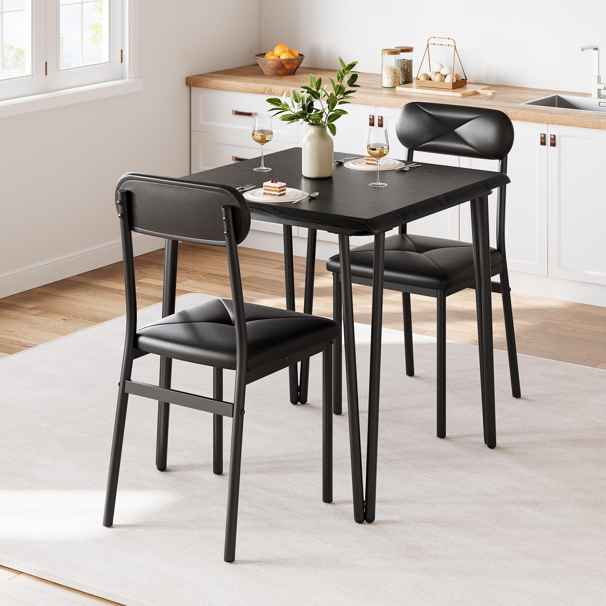Modern Small Square Dining Table Set for 2 - Space Saving Wooden Kitchen Table with 2 Upholstered Chairs - Dark Finish Breakfast Nook Furniture for Small Apartments, Condos & Cozy Dining Spaces