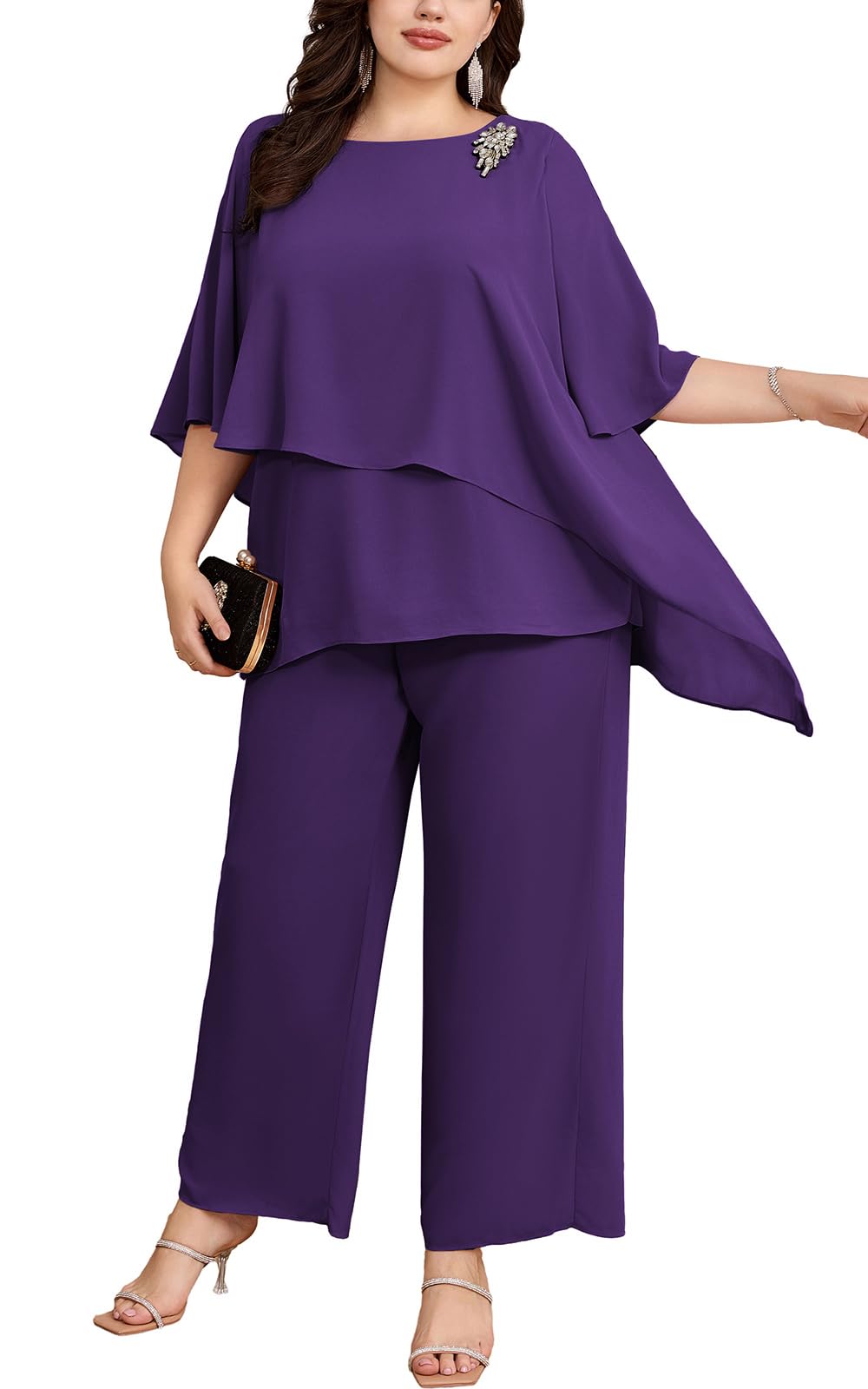 Hanna Nikole Plus Size Mother of Bride Pant Suits - 2 Piece Chiffon Sets with Ruffle Layers for Wedding Guest Outfit | Elegant Formal Wear for Special Occasions & Evening Events