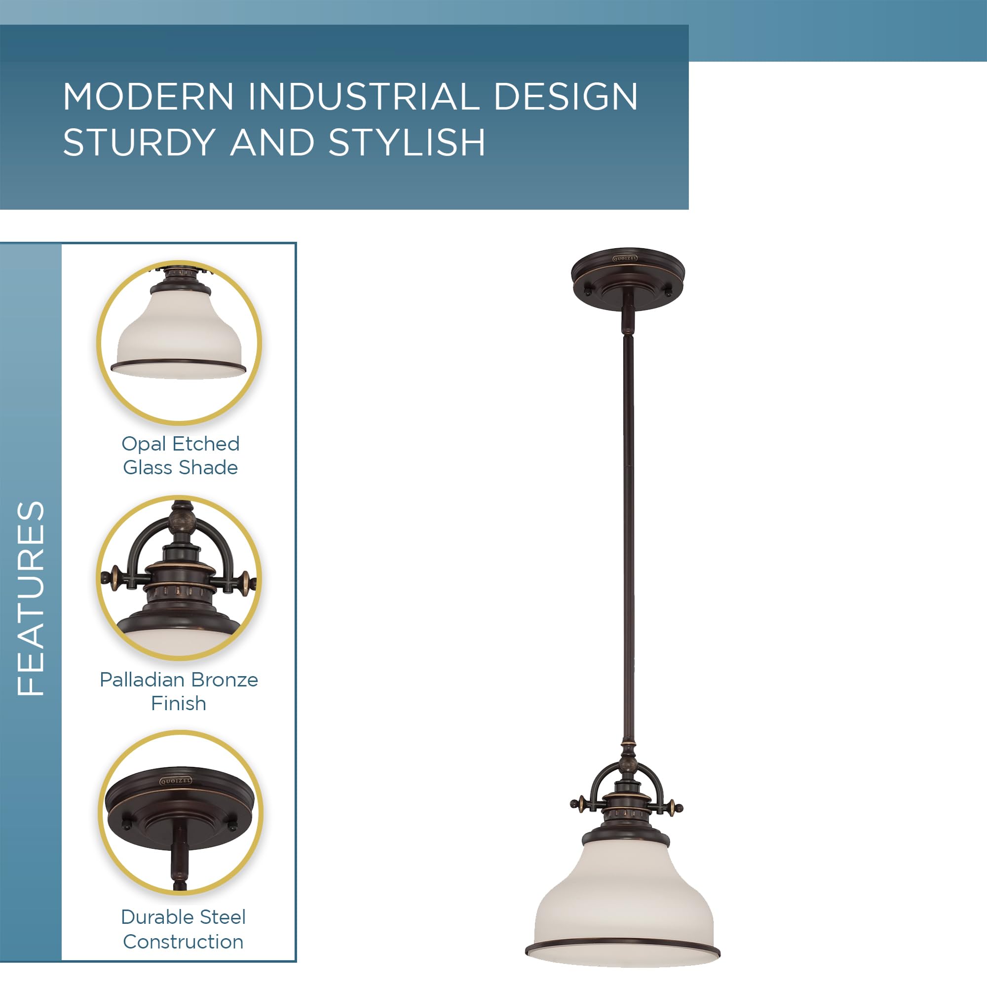 Quoizel Grant Mini Pendant Light - 8 Inch 1-Light Palladian Bronze Opal Etched Glass Hanging Ceiling Fixture for Kitchen Island, Dining Room, Hallway, Bedroom, Bar, Cafe & Office | Modern Industrial Lighting for Home & Commercial Spaces