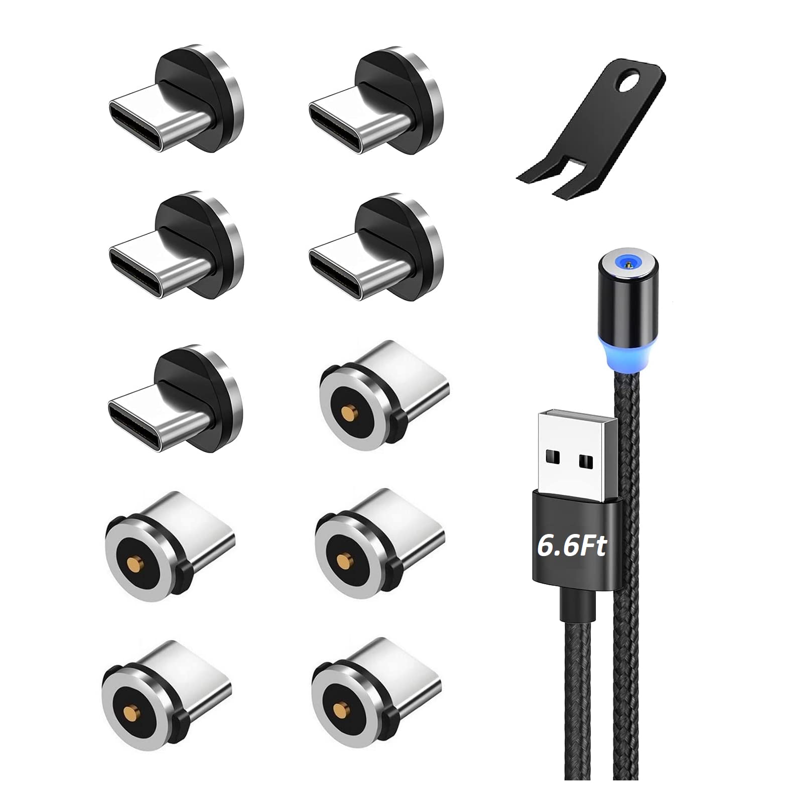 Boffdock 6.6Ft Magnetic Charging Cable Type C with 10Pcs Magnetic Tips - 2.4A Fast Charging Nylon-Braided USB-C Cable with LED Indicator for iPhone, Samsung, Android Phones, Tablets - Perfect for Home, Office, Travel Charging