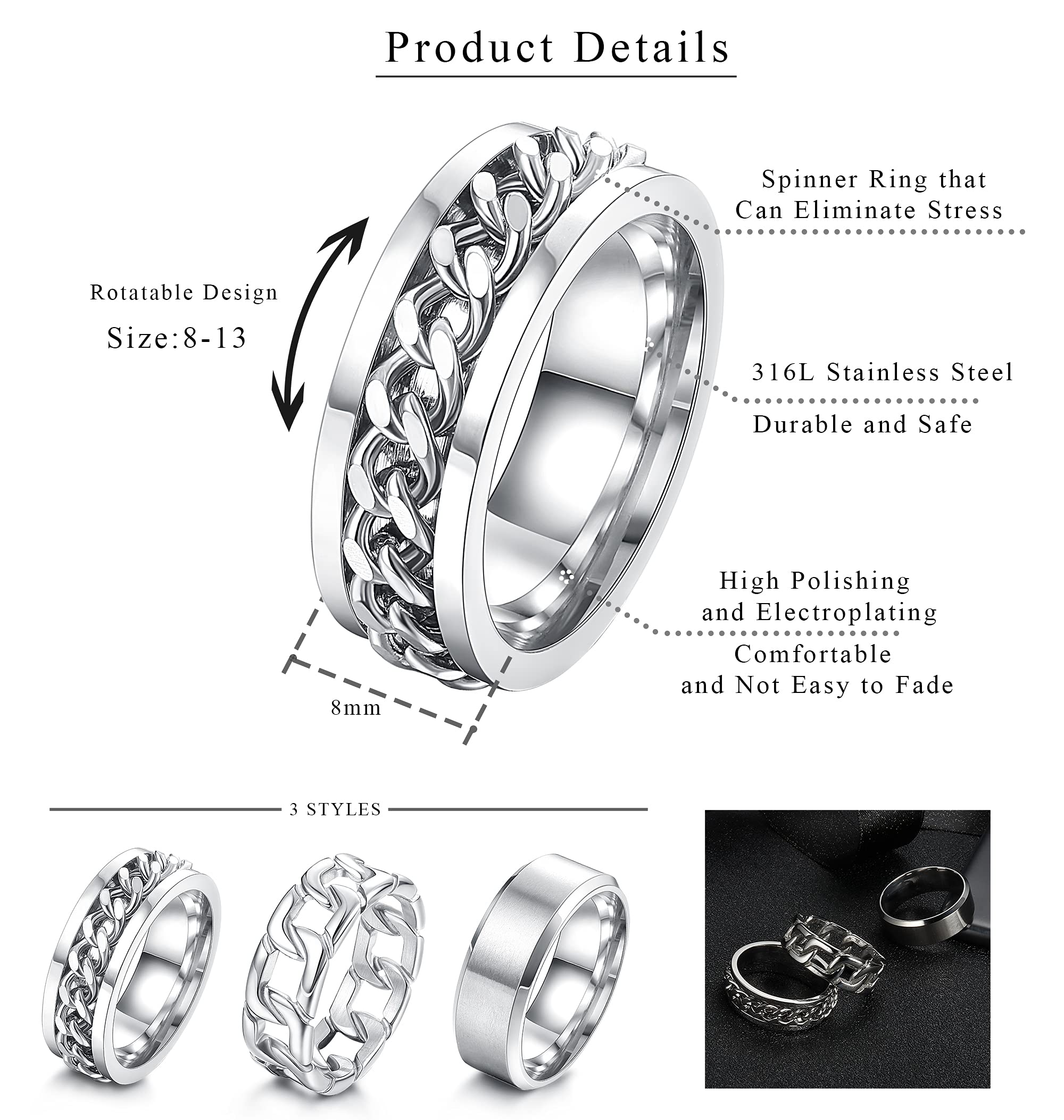 ORAZIO 3Pcs Stainless Steel Rings for Men & Women - Silver Plain Band, Cuban Link Chain & Spinner Ring Set (Size 6-14) - Wedding, Promise & Fashion Jewelry for Everyday Wear, Gifts & Special Occasions