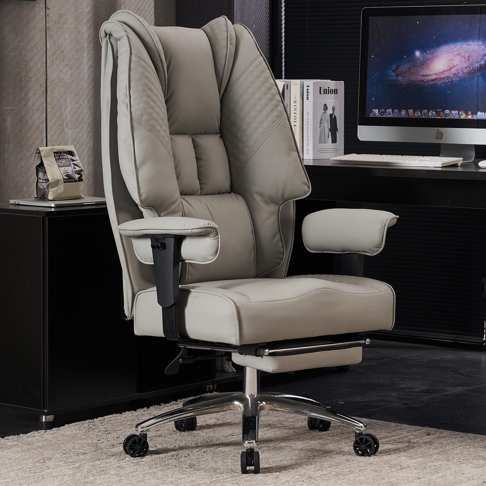 Big and Tall Office Chair 400lbs Capacity - Wide Seat Leather Executive Chair with Adjustable Footrest & Lumbar Support - Ergonomic High Back Desk Chair for Back Pain Relief - Light Grey - Perfect for Home Office, Gaming, and Professional Workspaces