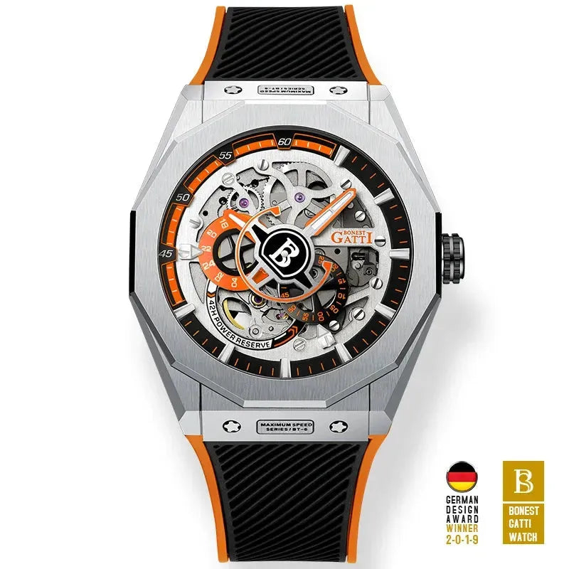 BONEST GATTI Men's Luxury Automatic Skeleton Mechanical Watch - 50M Waterproof, Luminous Hands, Sapphire Crystal, 42-Hour Power Reserve - Perfect for Business, Formal Events & Daily Wear