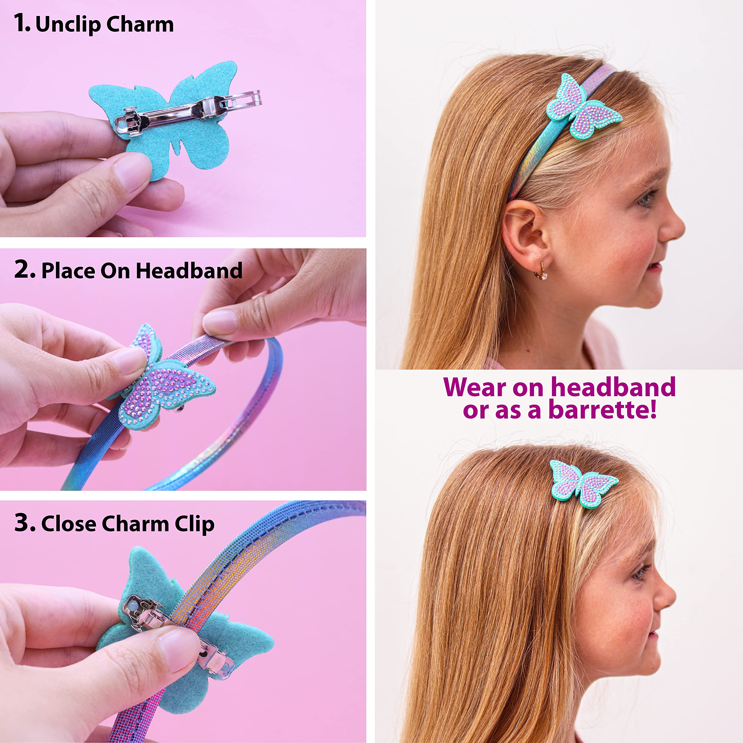 FROG SAC Girls Hair Bands with Interchangeable Clips - Thin Headband Accessories for Kids (Unicorn, Butterfly, Bow) - Perfect for School, Parties & Everyday Wear