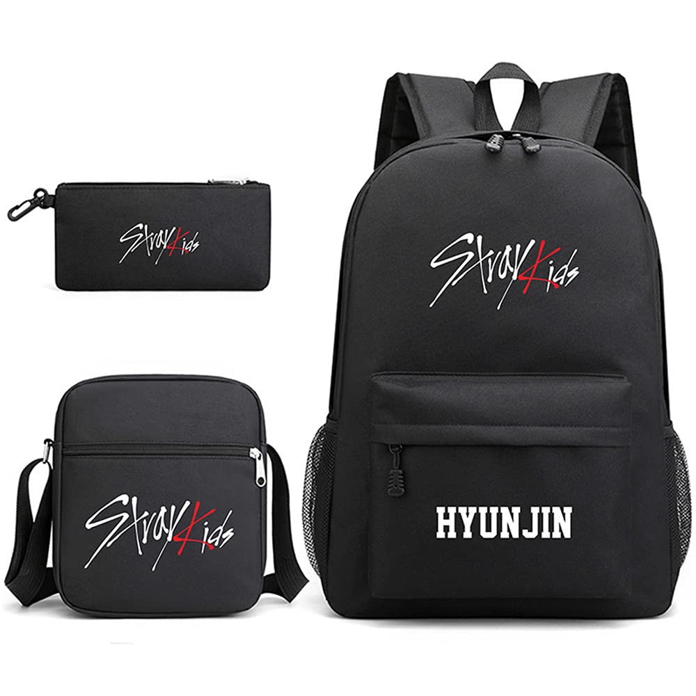 Stray Kids KPOP Big Capacity Backpack for School & College - HYUNJIN Style Canvas Bookbag with Matching Bracelets (3PCS) | Perfect for Fans, Daily Use & Travel