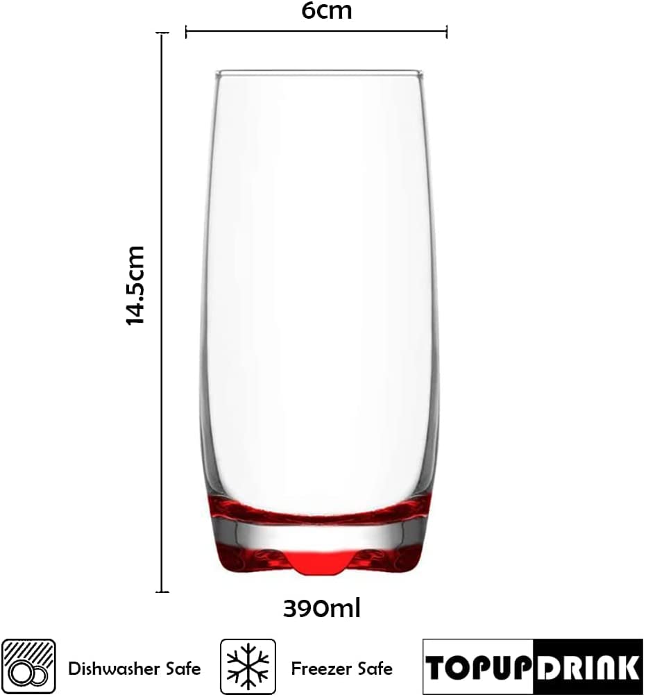 Premium Highball Drinking Glasses Set of 6 - 390ml Tall Juice, Water & Cocktail Glasses - Dishwasher Safe Barware for Home, Restaurant & Party Use