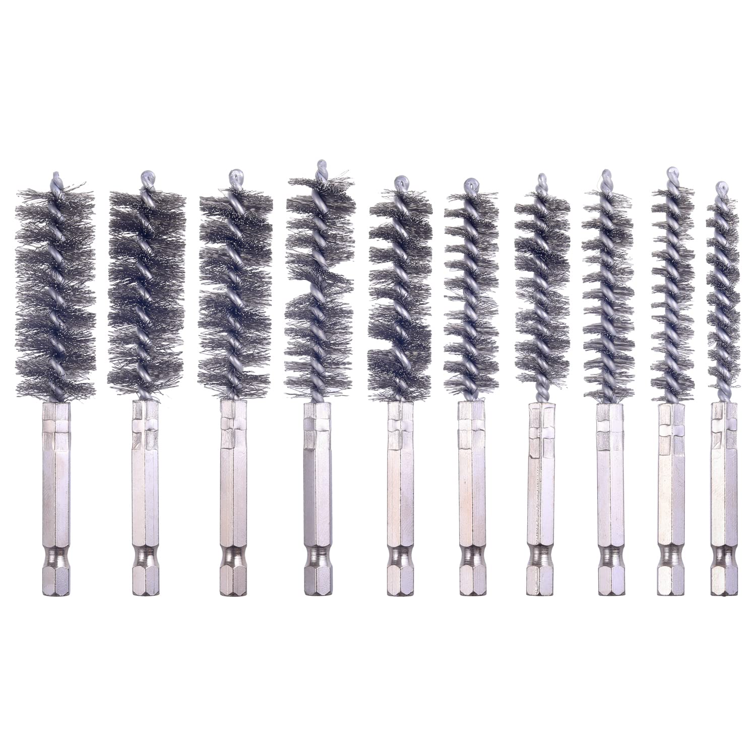 10 Pcs Stainless Steel Bore Brush Set with 1/4 Inch Hex Shank - Drill Wire Cleaning Brushes for Power Drill & Impact Driver - Perfect for Gun Barrel, Pipe, and Automotive Cleaning