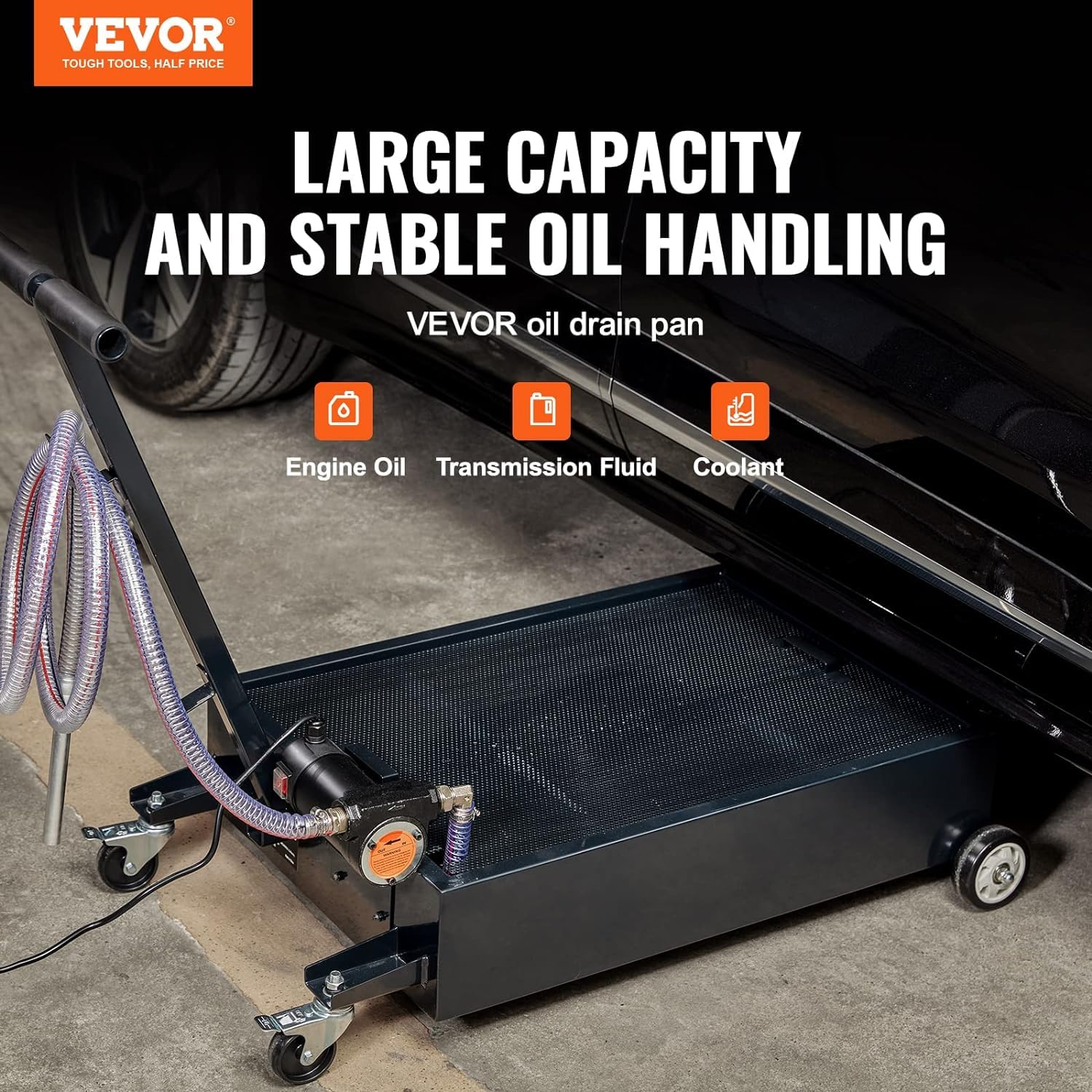 VEVOR 15 Gallon Low Profile Oil Drain Pan with Electric Pump - 8.2ft Hose & Folding Handle - Rolling Oil Change Cart for Trucks, Buses, RVs - Perfect for DIY Auto Maintenance, Fleet Service & Garage Use