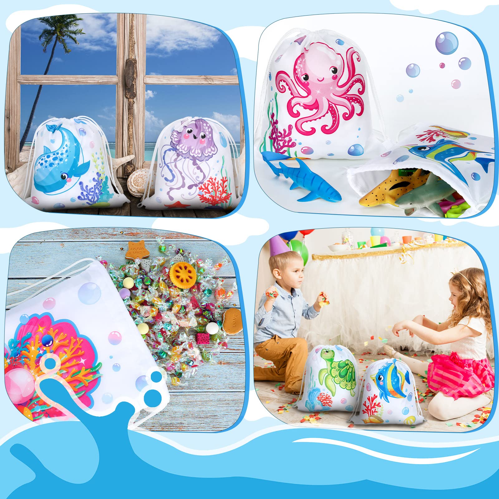 16 Pack Ocean Theme Party Favor Bags - Reusable Sea Animal Drawstring Goodie Bags for Kids Birthday, Underwater Party Decorations (11.8