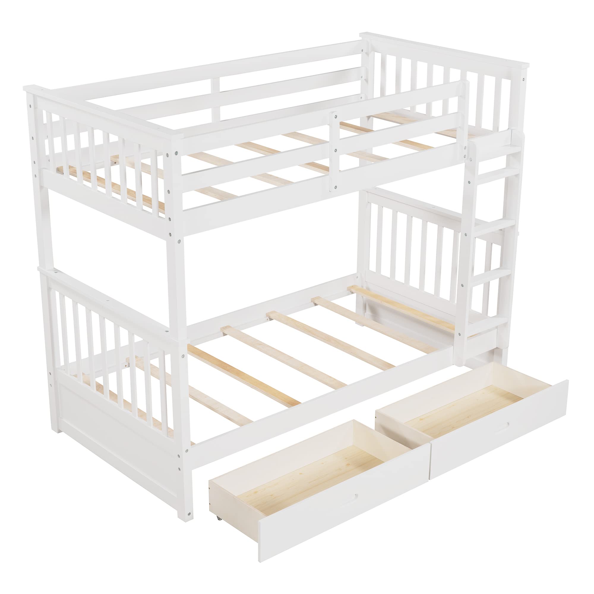 P PURLOVE Twin Over Twin Bunk Bed with 2 Storage Drawers, Solid Wood Bunk Bed Frame with Ladders, Convertible to 2 Separate Twin Beds for Teens, Kids, Boys & Girls - No Box Spring Required (White) - Perfect for Small Bedrooms, Guest Rooms & Shared Kids' Rooms