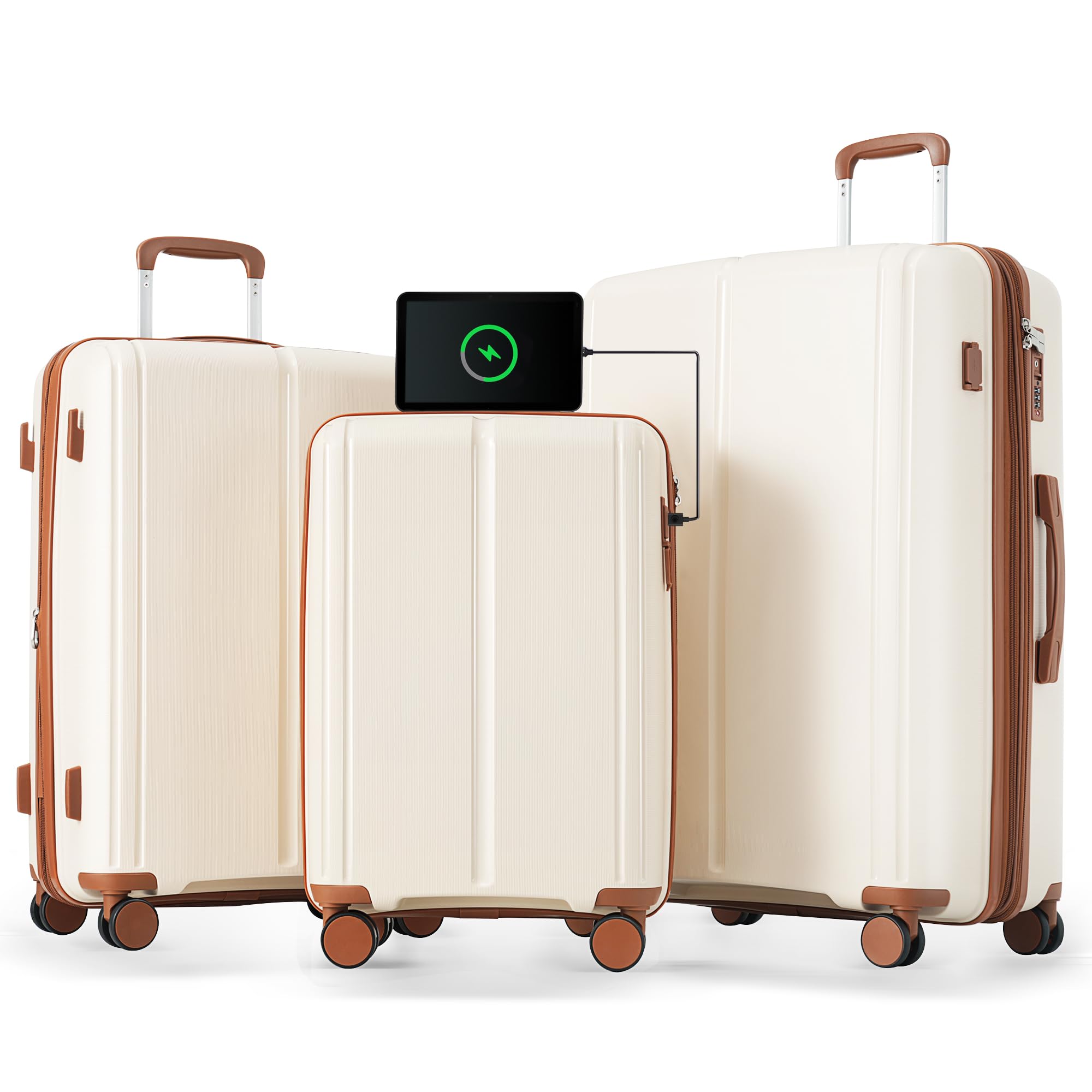 Merax 3-Piece Lightweight Luggage Set with USB Port, Spinner Wheels, Carry-On Suitcase (20/24/28 Inch) - Perfect for Travel, Business Trips & Vacations | Ivory & Brown PP Material
