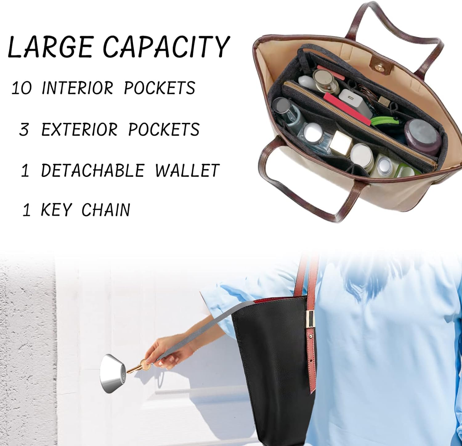 Premium Zipper Felt Purse Organizer Insert - Medium Grey Tote Bag Organizer for Women | Perfect for Travel, Work & Everyday Use