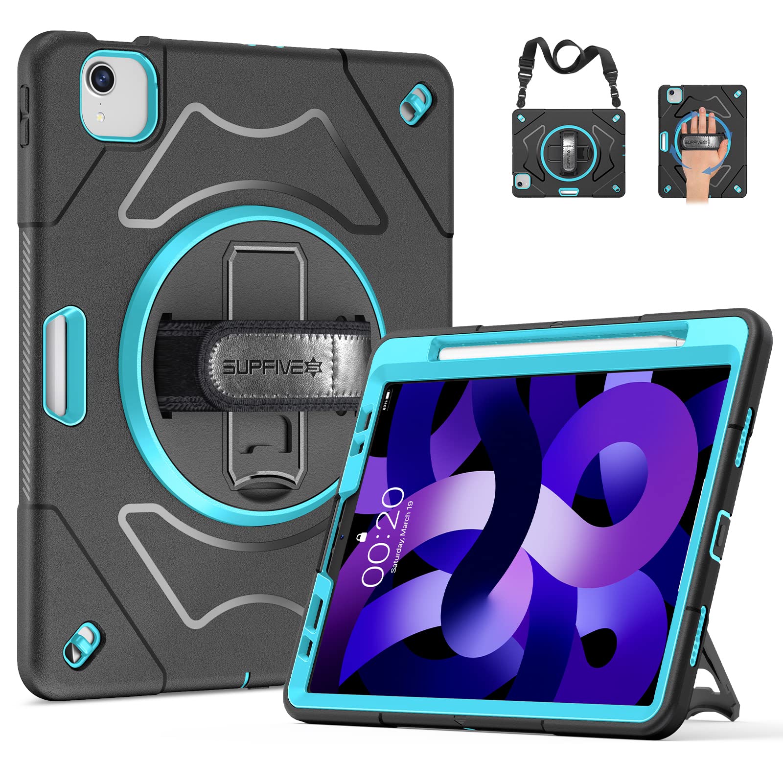 SUPFIVES Heavy Duty Rugged Case for iPad Air 5th Gen 10.9 Inch 2022 & iPad Air 4th Gen 2020 - Full Body TPU Protective Cover with Pencil Holder, Stand & Adjustable Hand/Shoulder Strap - Mint Green - Perfect for Work, Travel & Outdoor Activities