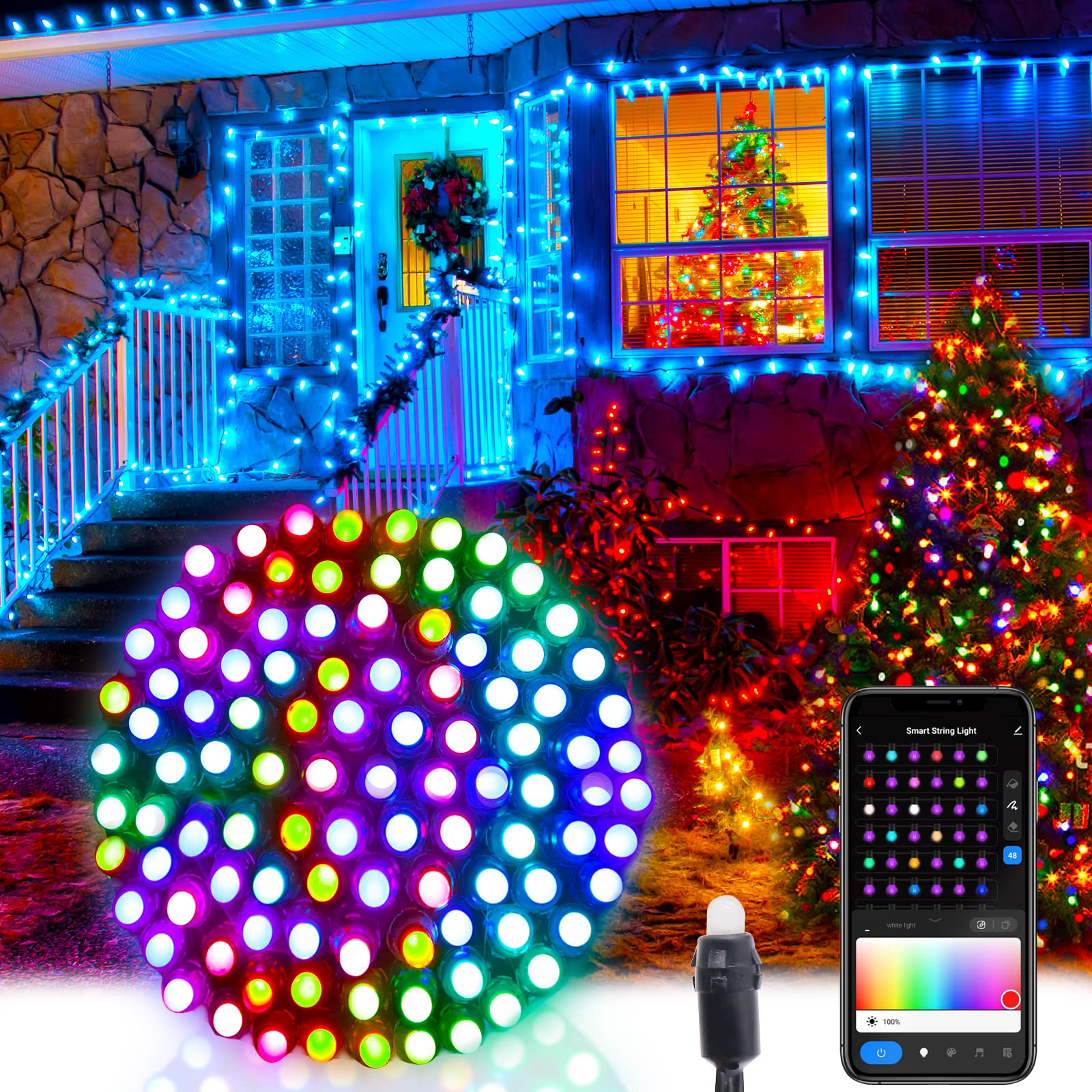 HegangNiu 45.5Ft Smart Christmas Lights Outdoor - 48 LED WiFi & Voice Controlled Waterproof Color Changing String Lights for Halloween, Valentine's Day, Party, Garden, and Home Decorations