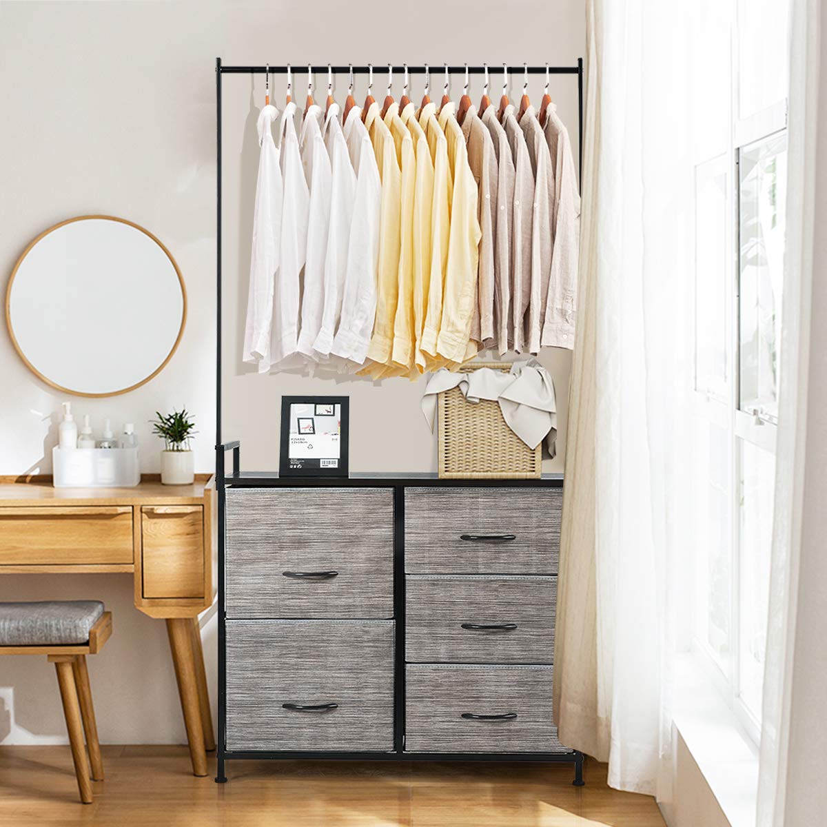 Tangkula 5-Drawer Fabric Dresser with Clothes Rack - Sturdy Metal Frame & Wooden Top Storage Organizer for Bedroom, Closet, Hallway - Perfect for Clothes, Toys, and Home Organization (Gray)