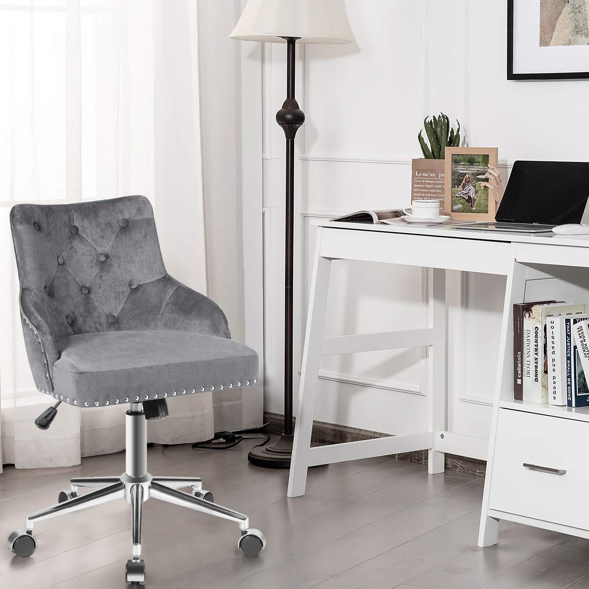 Giantex Modern Velvet Office Chair with Tufted Upholstery & Nailhead Trim - Adjustable Mid-Back Swivel Armchair for Home Office, Computer Desk & Workspace - Comfortable Task Chair for Working, Studying & Gaming (Gray)