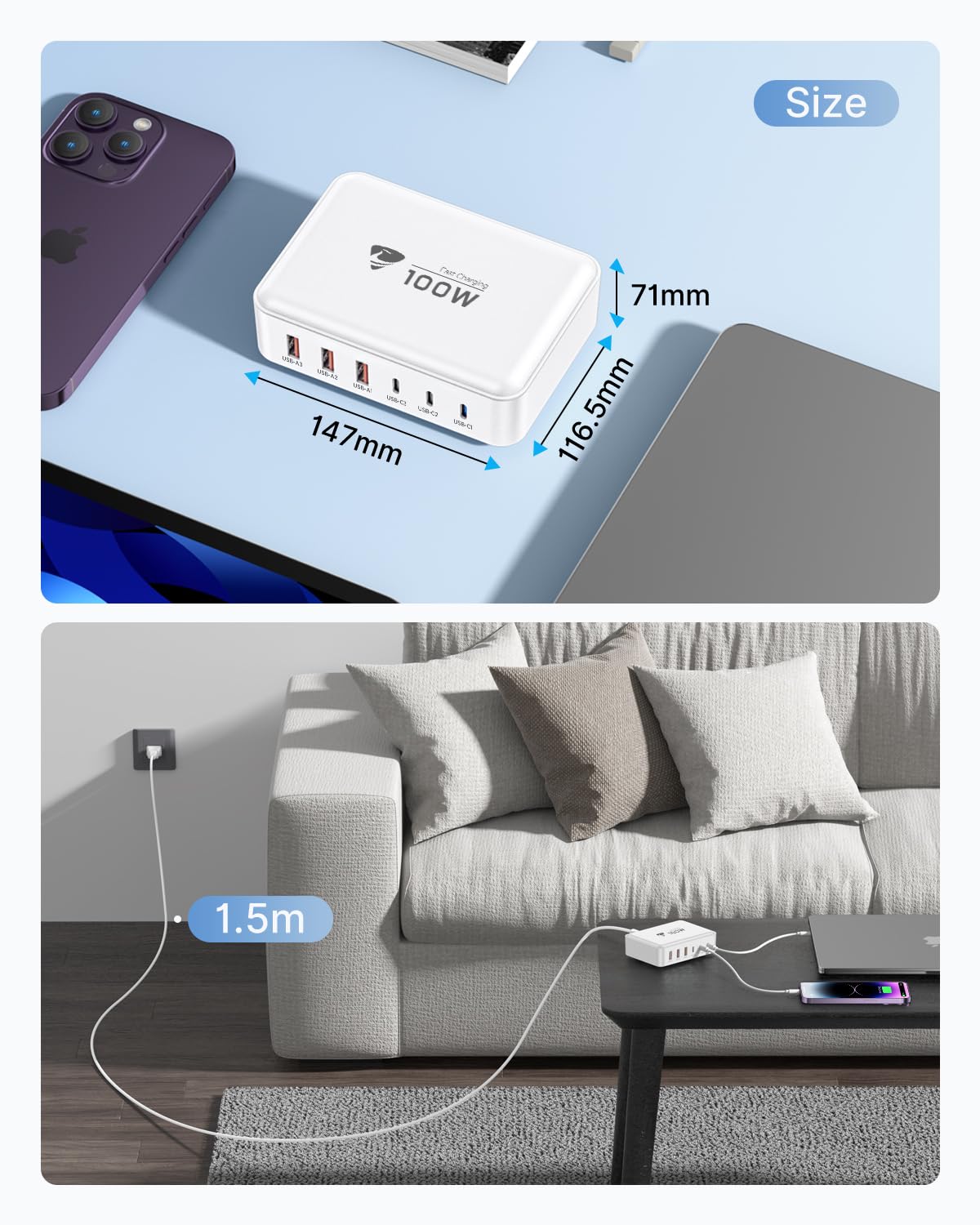 100W GaN USB C Fast Charger with 6 Ports - PD & QC 3.0 Wall Charger Station for iPhone 16/15/14/13/12 Pro Max, MacBook, Samsung Galaxy - Compact Power Hub for Home, Office & Travel Charging Multiple Devices Simultaneously