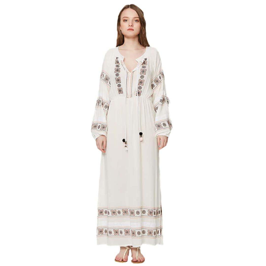 Bohemian Embroidered Cotton Linen Maxi Dress - V-Neck Long Sleeve Hippie Style Summer Dress for Women | Perfect for Beach Vacations, Music Festivals & Boho Chic Outfits
