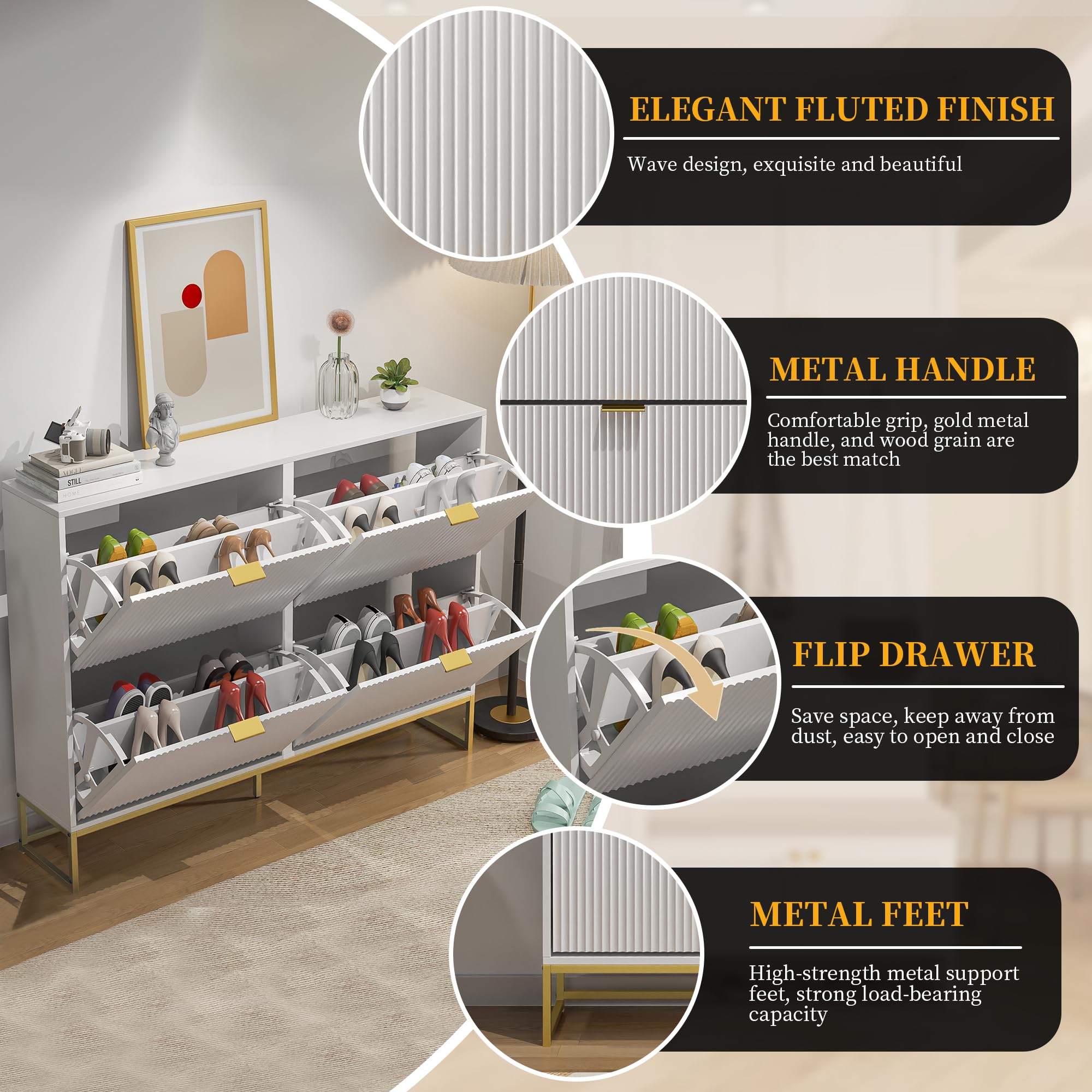 Modern Slim Shoe Cabinet Storage with 4 Flip Drawers - Freestanding Narrow Wooden Shoe Rack Organizer for Entryway & Living Room - Space-Saving Fluted Design (White) - Perfect for Small Apartments, Hallways & Closet Organization