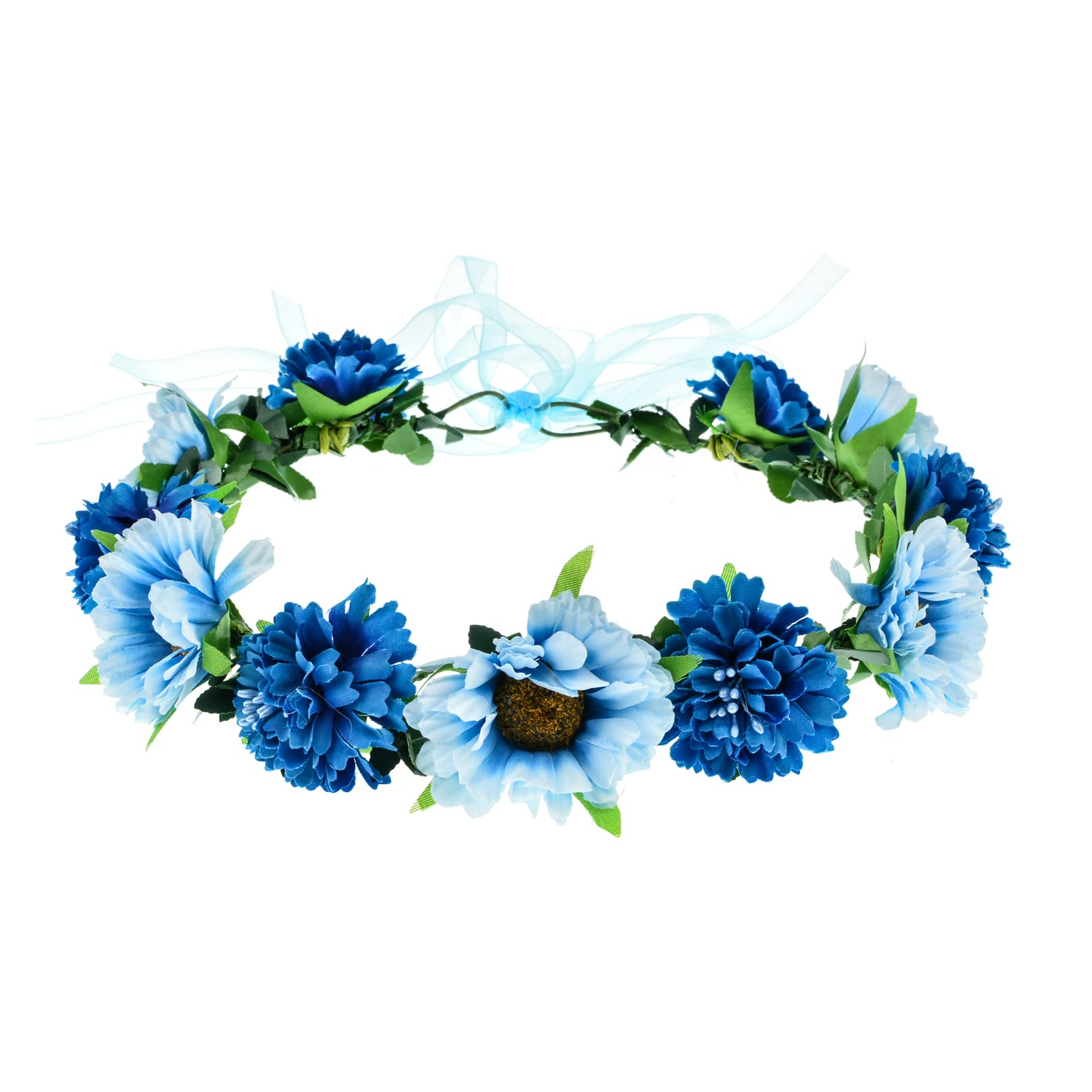 Blue Rose Flower Leaf Crown Bridal Halo Headband with Adjustable Ribbon - Perfect for Weddings, Boho Parties & Photo Shoots