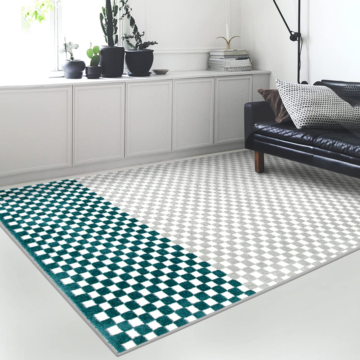 Modern Geometric Checkered Wool Area Rug 5x7ft - Soft Thick Shaggy Teal Gray Carpet for Living Room, Nursery, Bedroom, Dining Room & Entryway - Faux Fur Playroom Runner - Vintage Home Decor Floor Covering - Perfect for Cozy Spaces, Kids Rooms and High-Traffic Areas