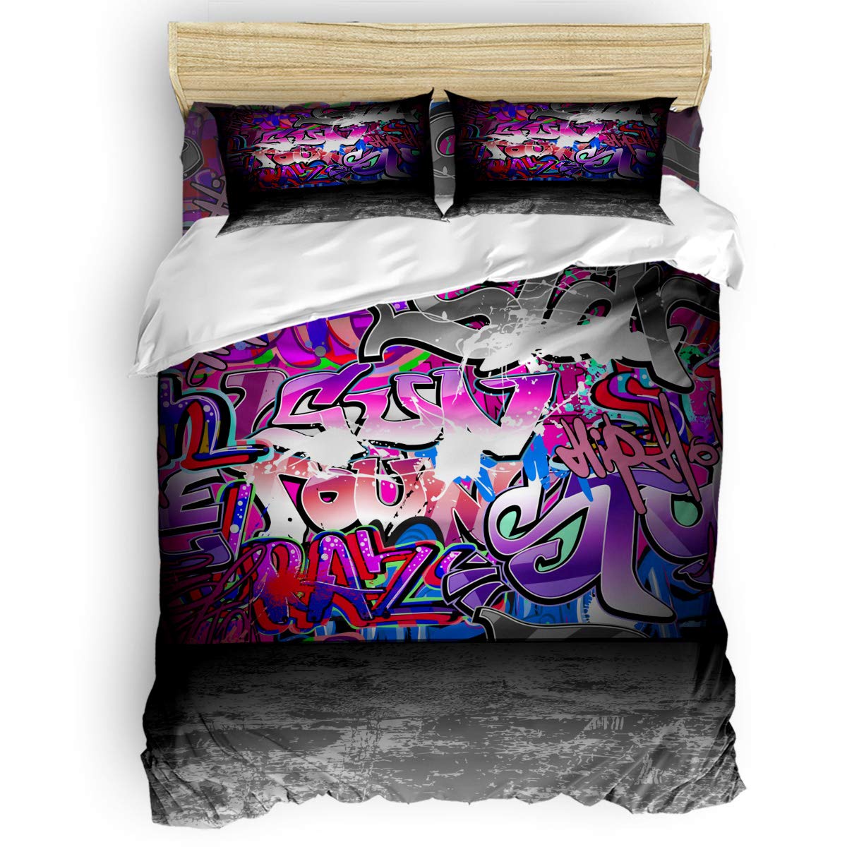 4 Piece Full Size Bedding Set - Graffiti Wall Street Art Spray Paint Comforter Cover with 2 Pillowcases for Kids & Teens - Vibrant Urban Bedroom Decor for Boys, Girls, Dorm Rooms & Modern Apartments - Perfect for Teen Bedrooms, College Dorms & Urban Style Homes