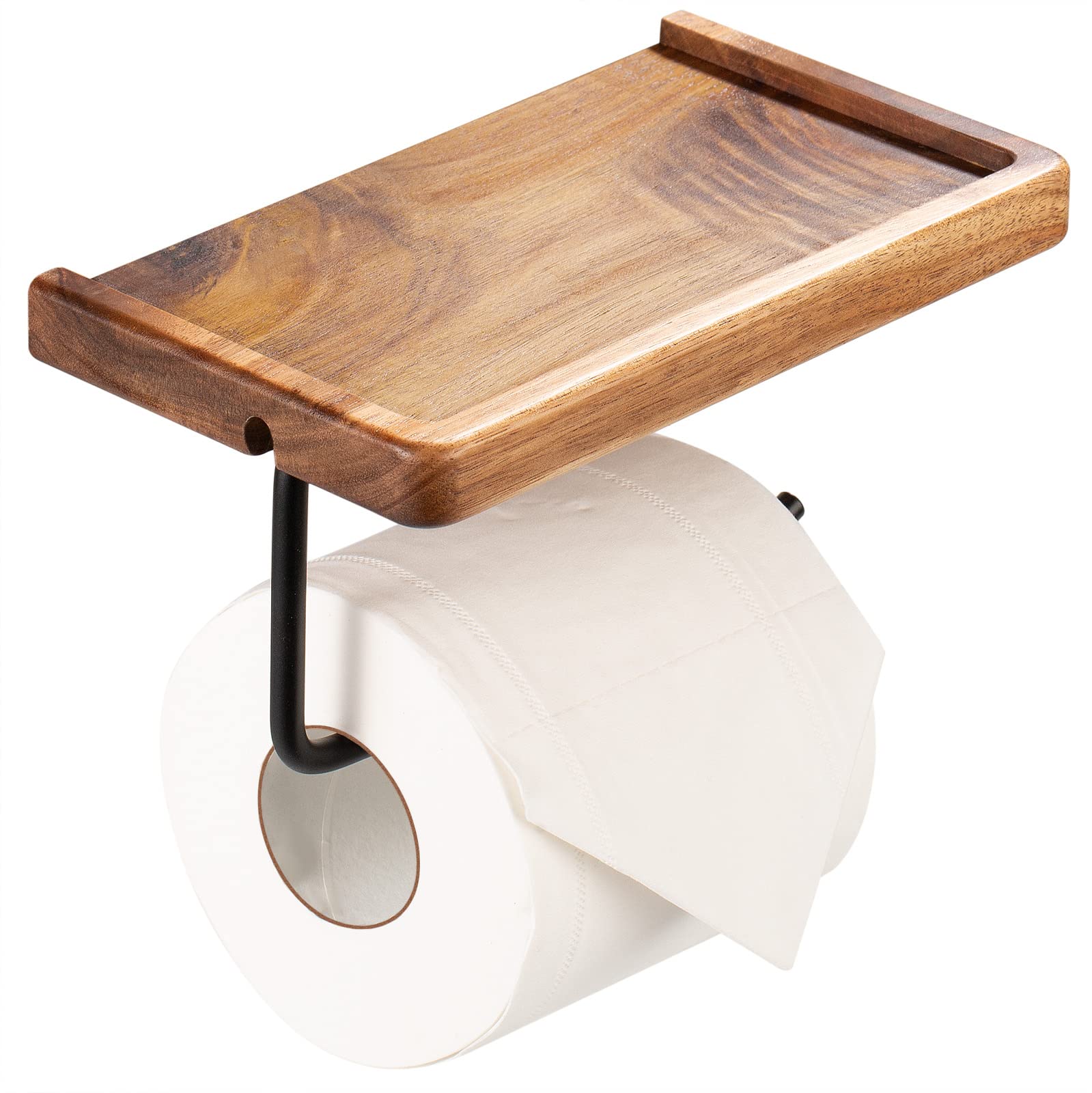 Yangbaga Wooden Toilet Paper Holder with Shelf - Wall Mount Bathroom Tissue Roll Organizer with Self-Adhesive & Screws for Phone, Candles, Wipes, Planter Pot - Perfect for Small Bathrooms, Powder Rooms & Vanities