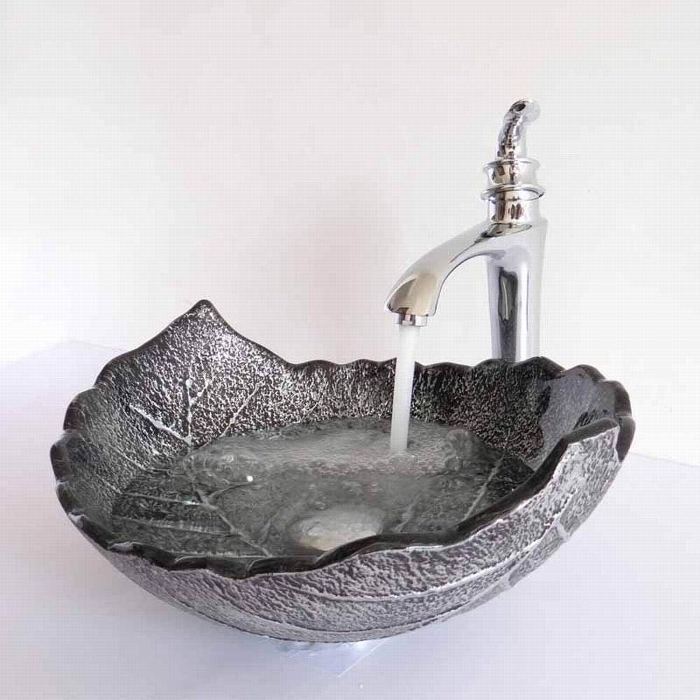 HESIEU Green Leaf Shaped Tempered Glass Bathroom Sink - Modern Art Basin for Vanity Countertop (Faucet Not Included), Silver - Perfect for Spa, Guest Bathroom & Luxury Home Decor