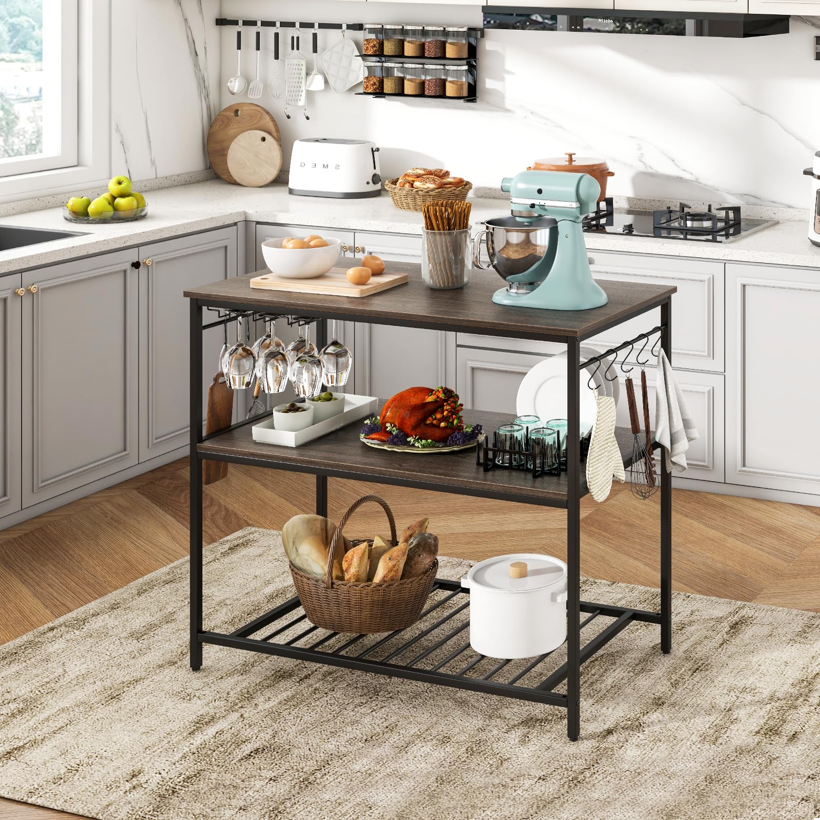 Giantex 48 Inch Kitchen Island with 3-Tier Storage Shelves | Industrial Baker Rack with Spacious Worktop | Sturdy Metal Frame Kitchen Cart | Easy Assembly (Gray & Black) | Perfect for Small Kitchens, Home Bakeries & Food Prep Stations