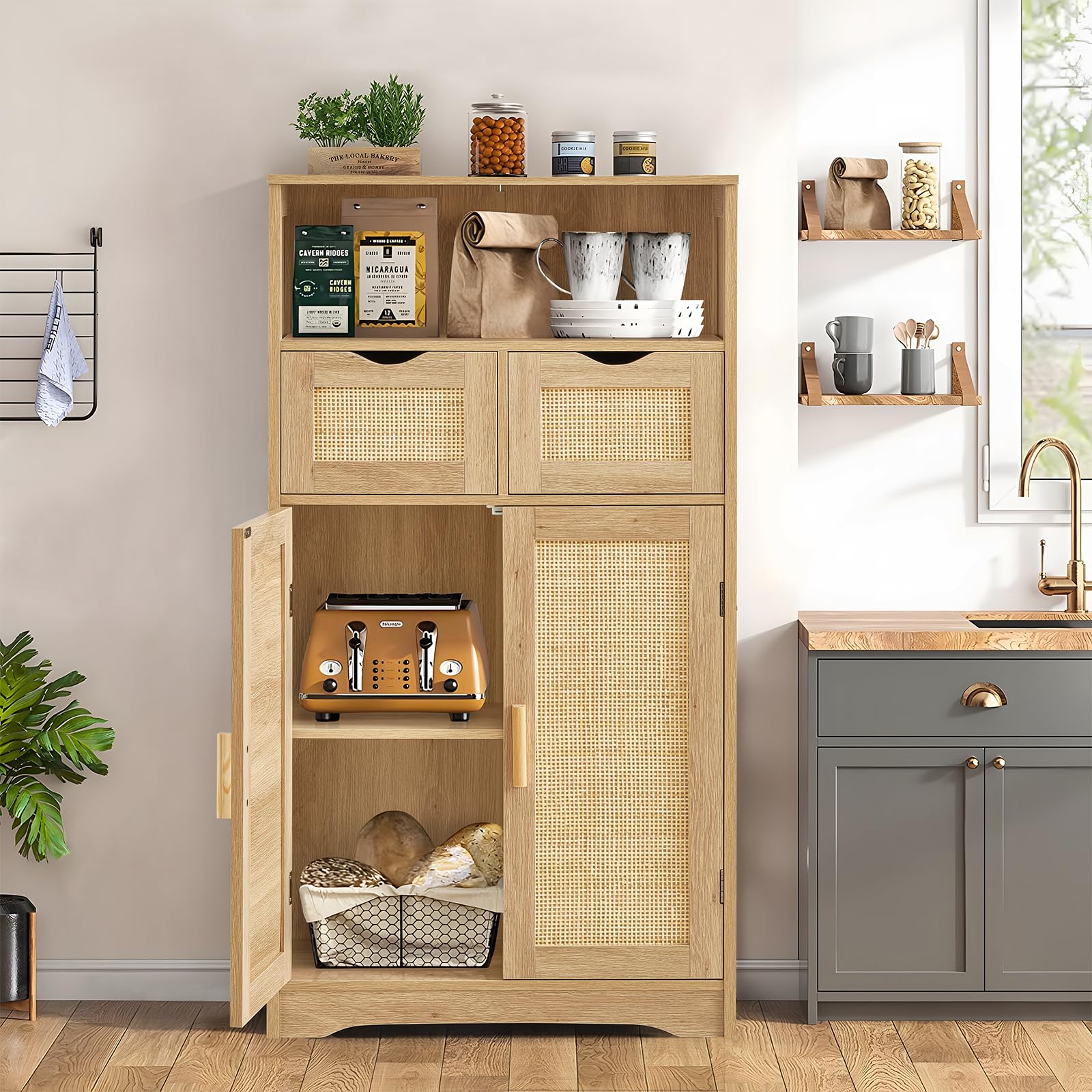Iwell 2-Door Rattan Storage Cabinet with 2 Drawers & Adjustable Shelves - Kitchen Pantry Organizer, Living Room Cupboard, Home Office Furniture - Perfect for Small Space Organization & Home Decor
