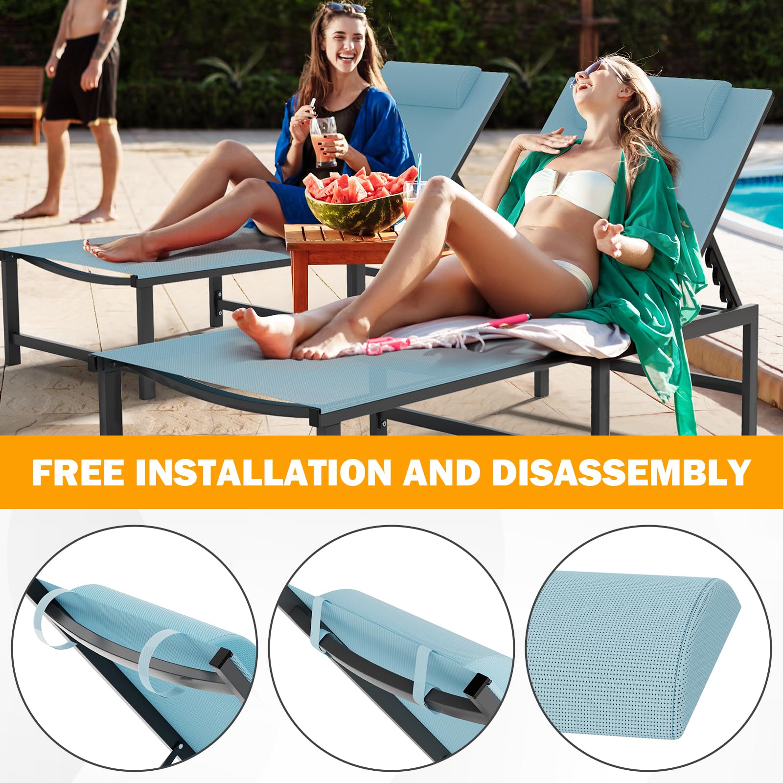 Outdoor Chaise Lounge Chair with Adjustable Backrest - Aluminum Patio Lounge Chair with Headrest Pillow - Perfect for Beach, Poolside & Backyard Relaxation (Blue)