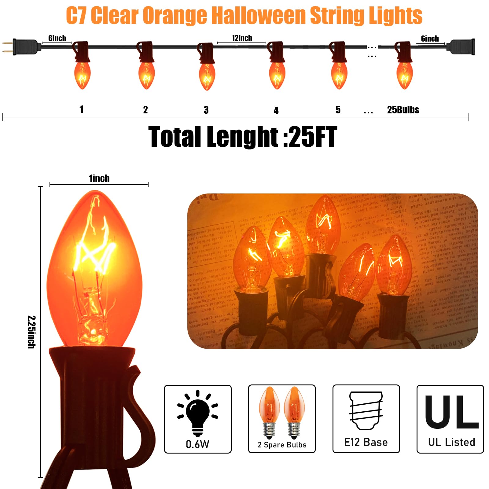 25FT Orange C7 String Lights with 25 Clear Bulbs - Indoor/Outdoor Halloween & Christmas Decor - Perfect for Patio, Garden, Party, and Holiday Lighting