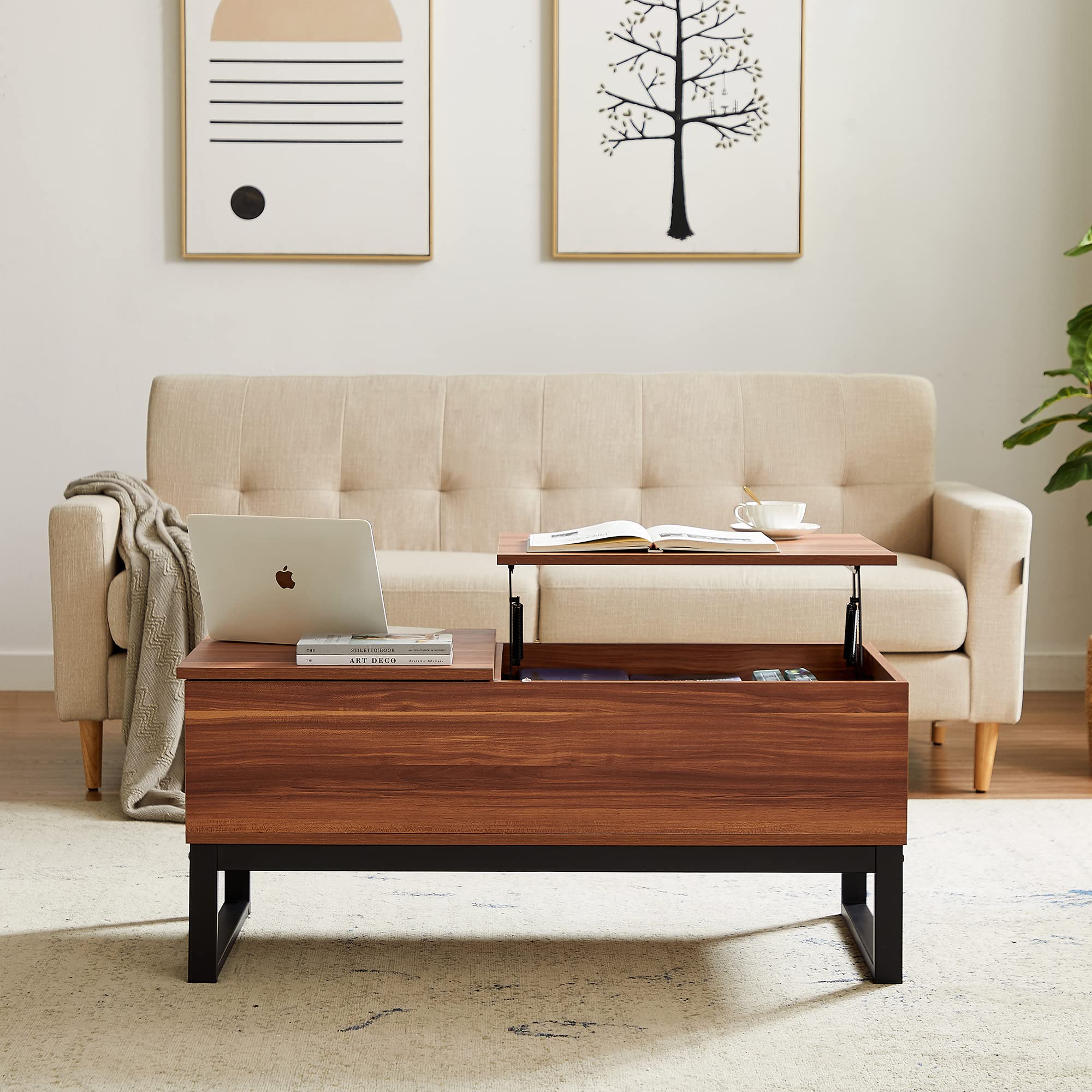 15-Minute Quick Assemble Coffee Table with Wood Grain Finish & Sturdy Metal Legs - Lift-Top Design for Extra Storage | Perfect Computer Desk for Small Spaces & Modern Living Rooms