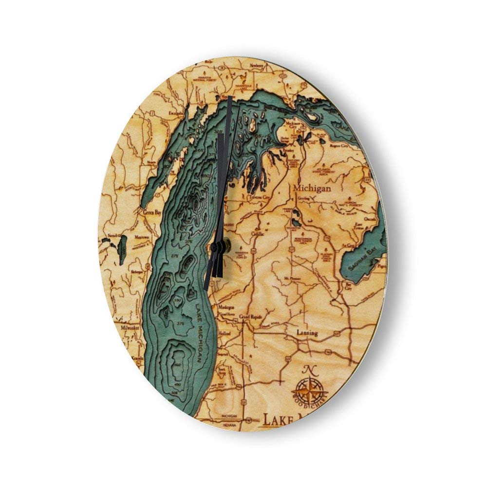 3D Nautical Wood Wall Clock - Lake Michigan Design, Round Wooden Wall Watch for Kitchen, Office, Living Room & Bedroom | Made in USA | Perfect for Home Decor, Gifts & Coastal-Themed Interiors
