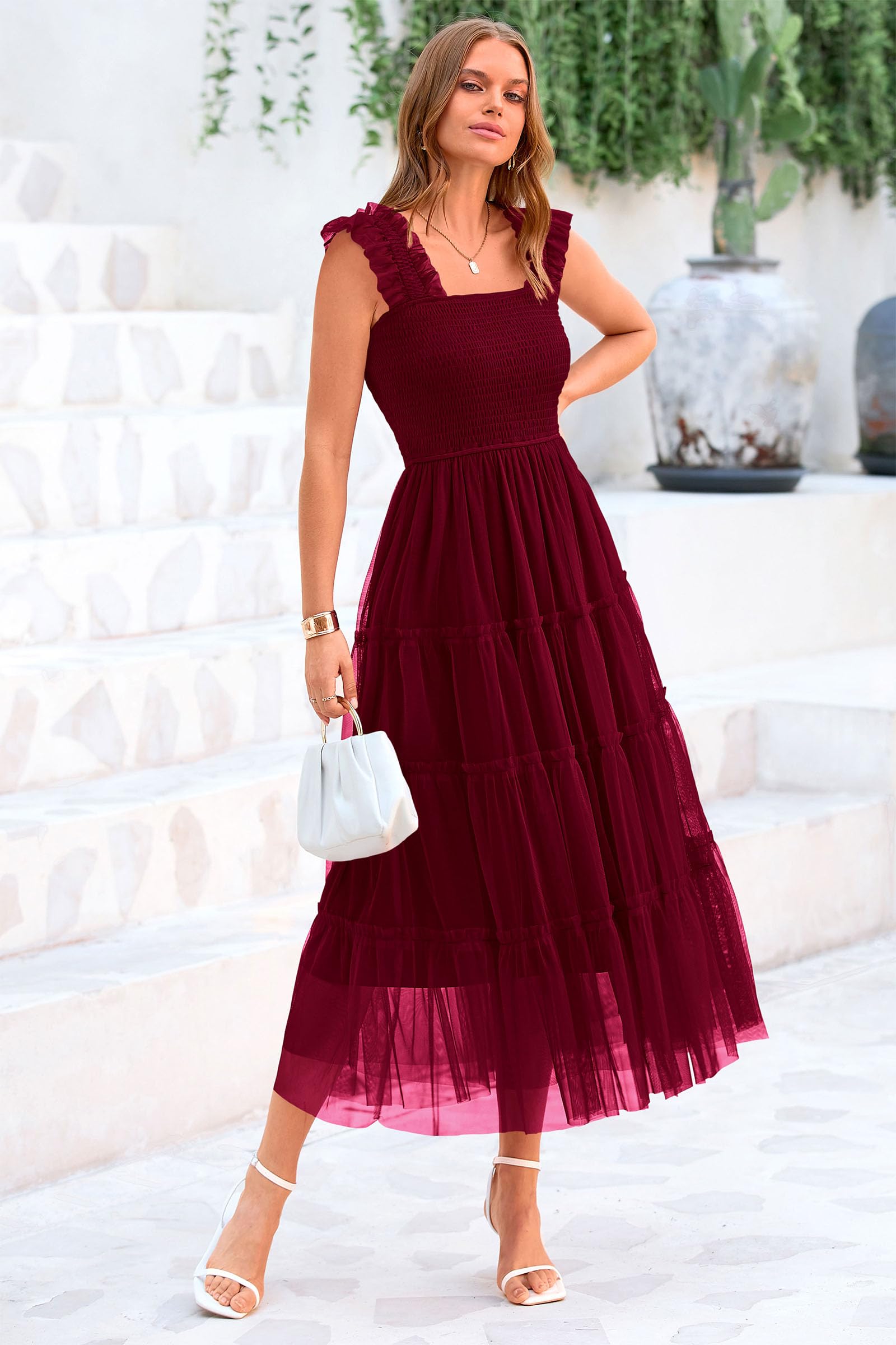 PRETTYGARDEN Women's Summer Midi Tulle Dress - Sleeveless Smocked Square Neck Ruffle Flowy Sundress for Wedding Guest, Party & Beach Vacation | Elegant A-Line Formal Dress for Bridesmaid, Cocktail & Special Occasions