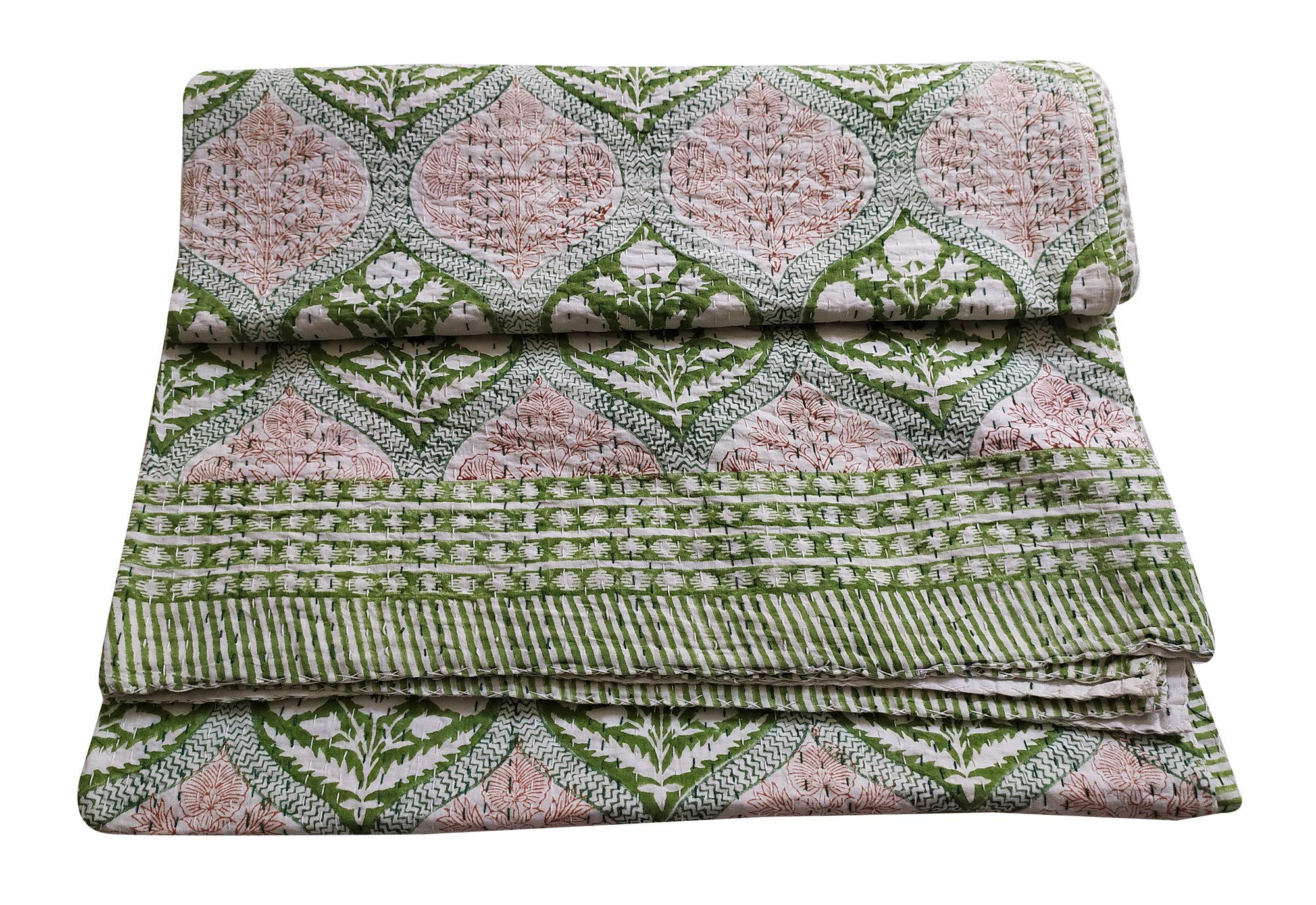 Soft Cotton Kantha Quilt Blanket - Green Floral Print 90x108 Inch - Cozy Bedspread for Home Decor, Guest Room & Boho Style Bedding
