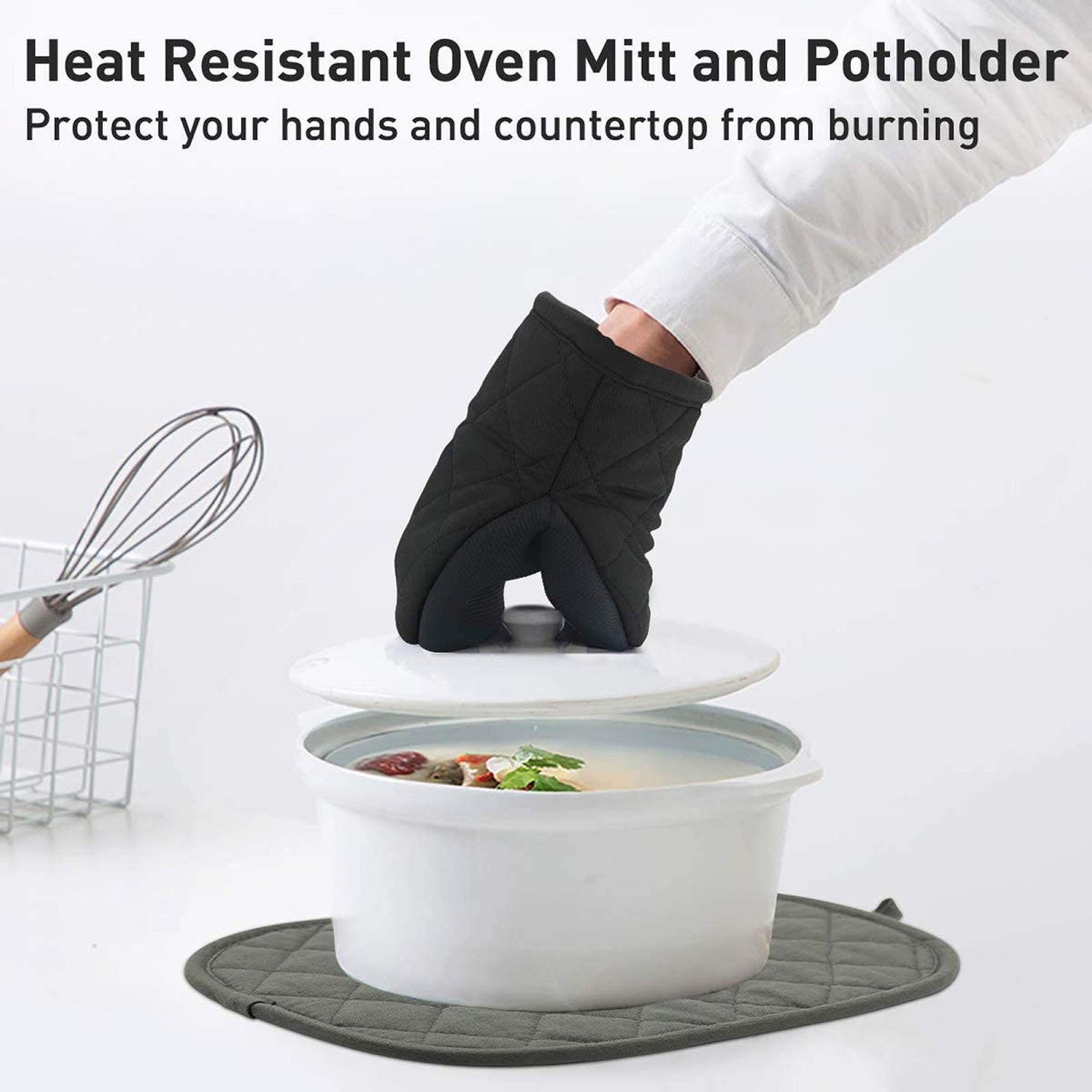 Heat Resistant Mini Oven Mitts Set of 2 - 300°F Neoprene Cotton Kitchen Gloves with Non-Slip Grip & Hanging Loop - 7x6 Inch Pot Holder & Trivet for Baking, Cooking, Grilling - Grey & Black